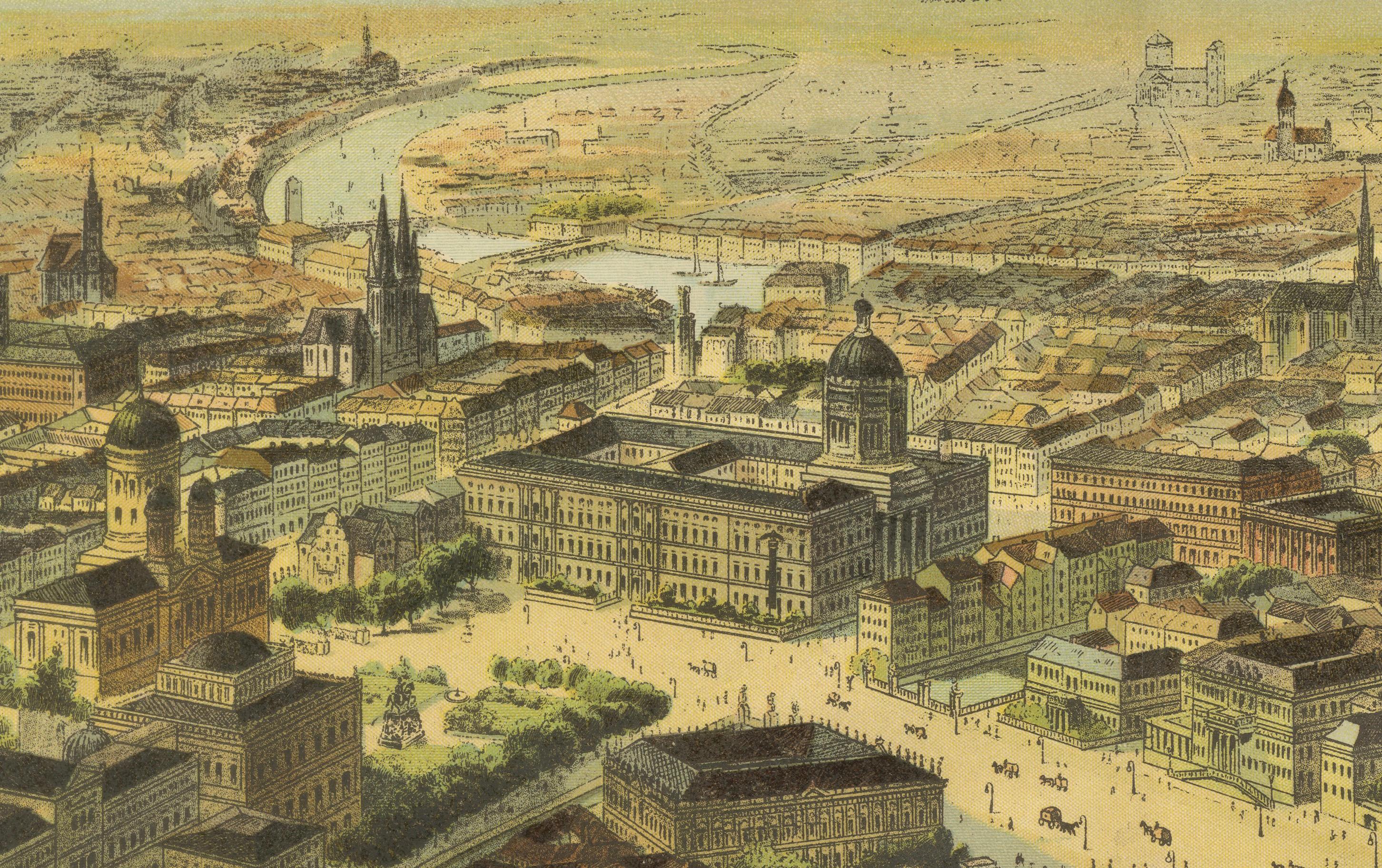 Antique Chromolithograph Bird’s Eye View of Berlin, Germany, circa 1890

This striking chromolithograph titled simply “Berlin” presents a richly detailed bird’s eye view of the German capital around the year 1890, during the height of the city’s