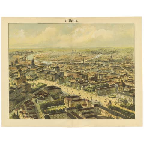 Antique Chromolithograph Bird’s Eye View of Berlin, Germany, circa 1885