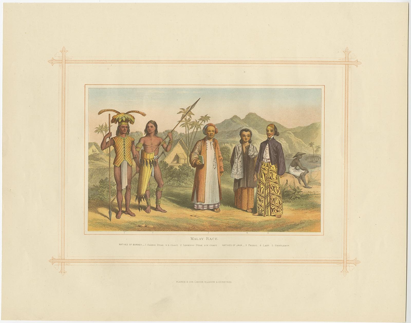 Antique print titled 'Malay Race'. Depicts 1. Saghai Dyak N.E. Coast. 2. Loondoo Dyak. S.W. Coast. Natives of Java- 3. Priest. 4. Lady. 5. Gentleman. 

Antique chromolithograph depicting Malays. This print originates from 'The Comprehensive Atlas