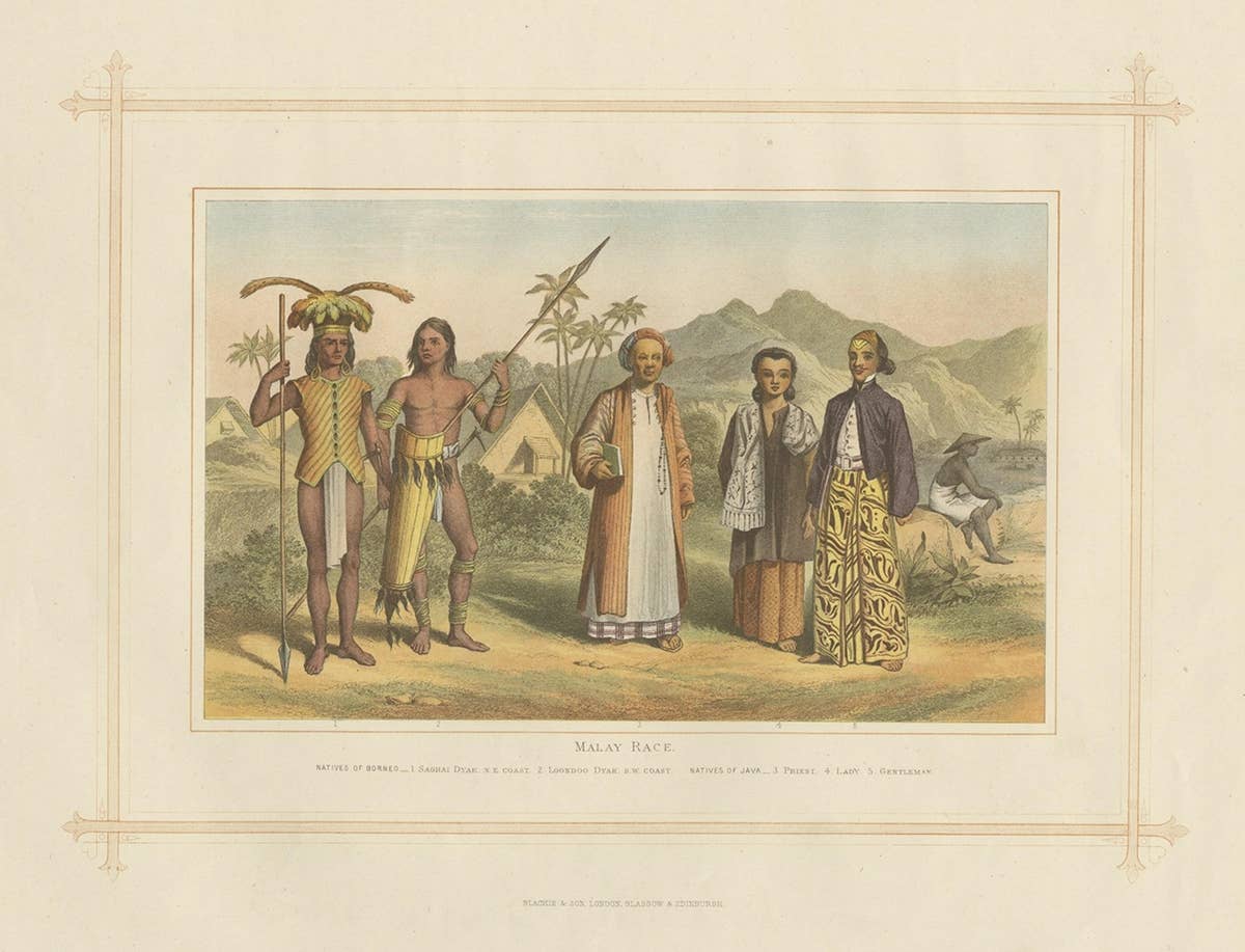 Antique Chromolithograph Depicting Native Malays, Incl Dayaks of Borneo, 1882