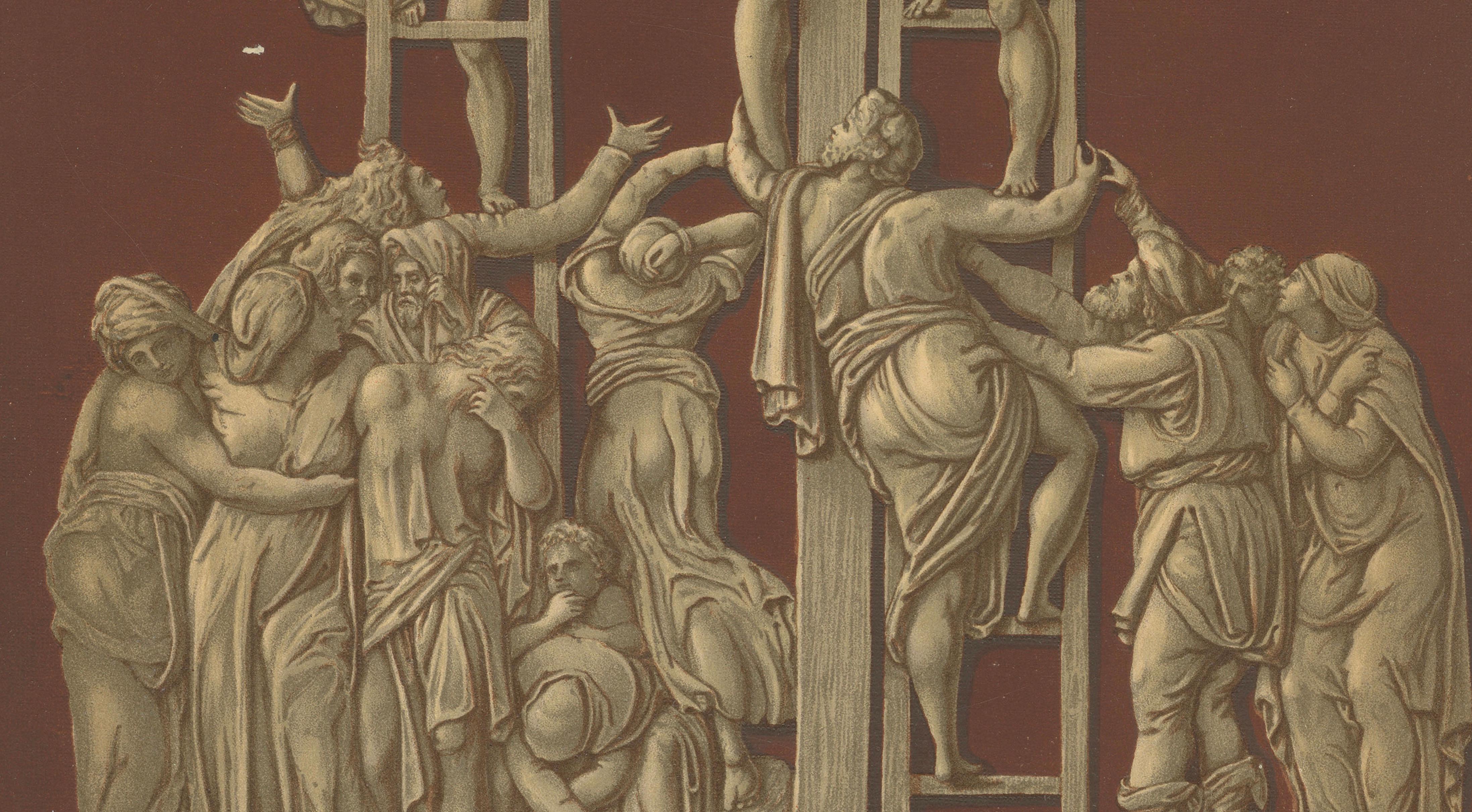 Antique Chromolithograph Deposition of Christ, Reiche Kapelle Munich, 1874