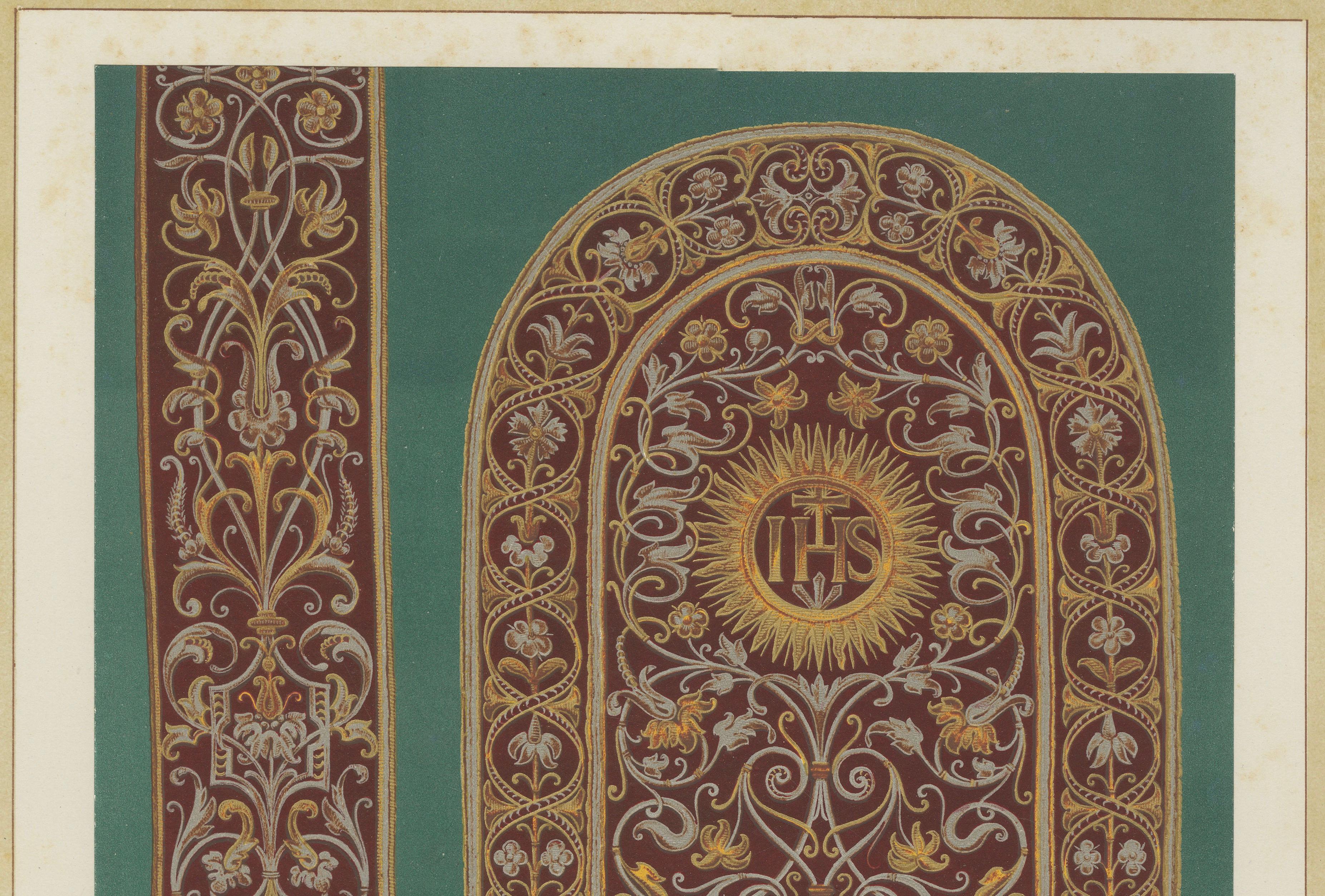 Antique Chromolithograph Liturgical Textile Ornament, Reiche Kapelle Munich 1874