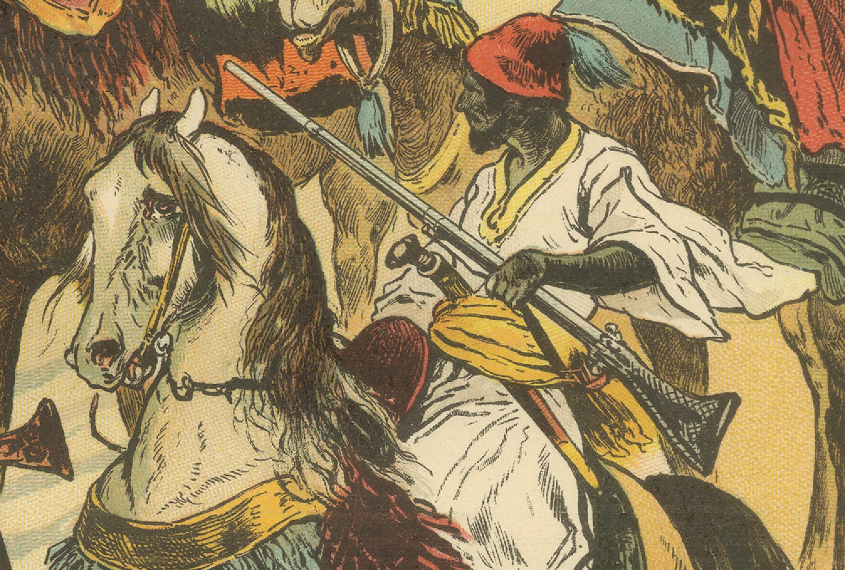Antique Chromolithograph of Desert Caravan Crossing an Oasis, circa 1890

This striking chromolithograph, titled “Die Karawane in der Wüste” (The Caravan in the Desert), was produced around 1890 and vividly portrays a richly detailed caravan making