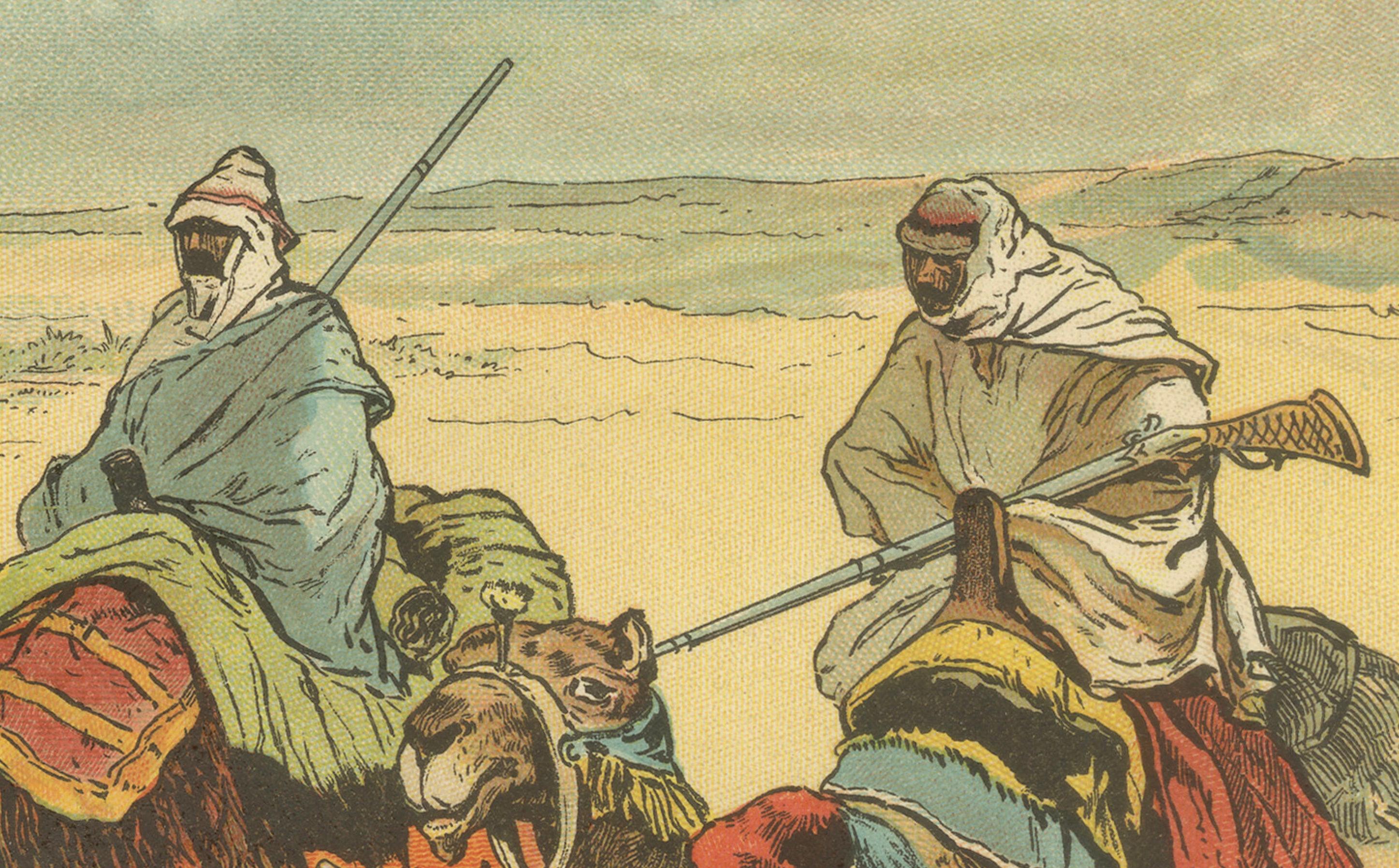 German Antique Chromolithograph of a Desert Caravan Crossing an Oasis, ca. 1890 For Sale