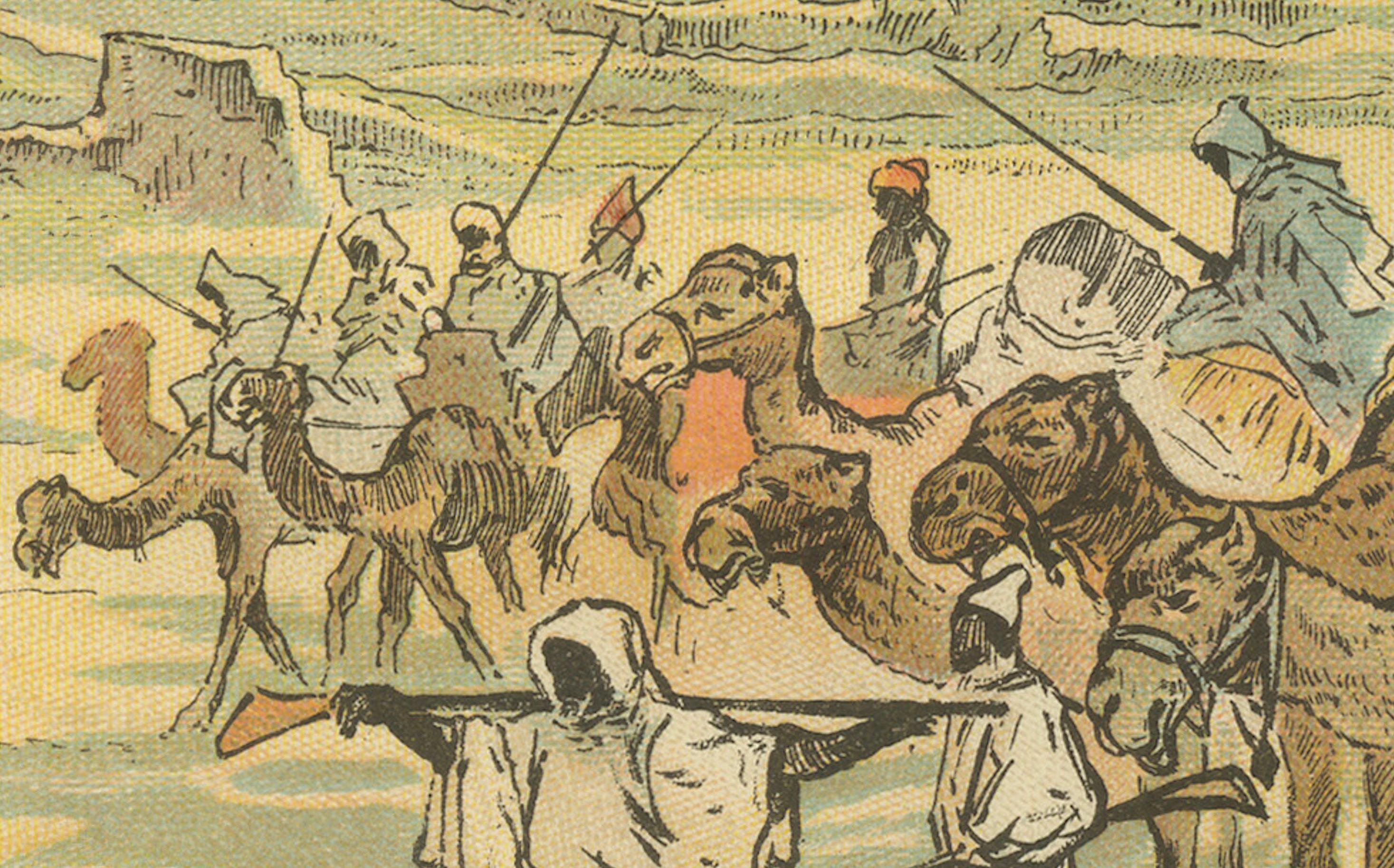 Antique Chromolithograph of a Desert Caravan Crossing an Oasis, ca. 1890 In Good Condition For Sale In Langweer, NL