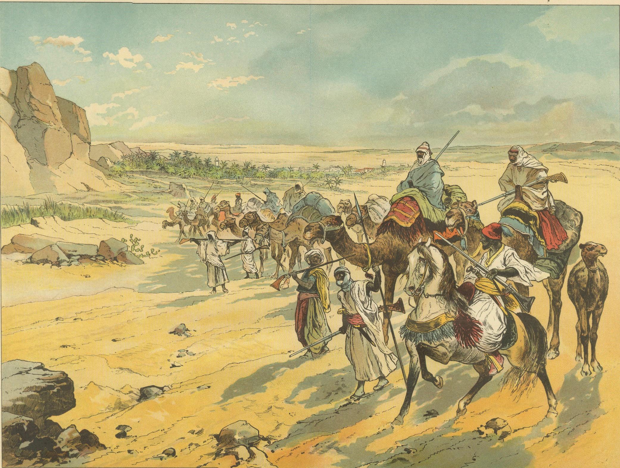 19th Century Antique Chromolithograph of a Desert Caravan Crossing an Oasis, ca. 1890 For Sale