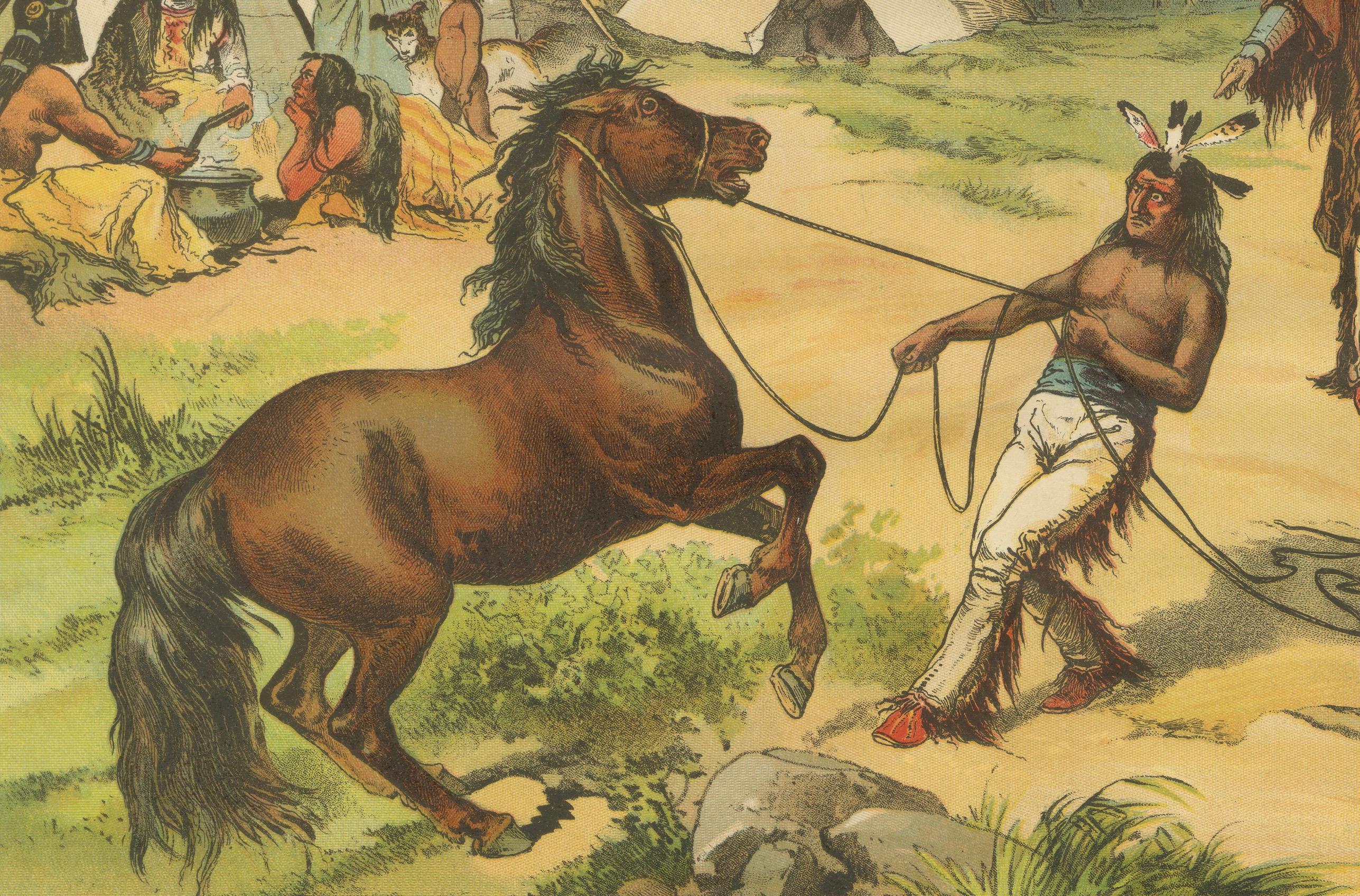 Antique Chromolithograph of a Native American Village Scene, circa 1890

This vivid chromolithograph, titled “Ein Indianerdorf” (A Native American Village), was published around 1890 and offers a highly detailed and romanticized portrayal of