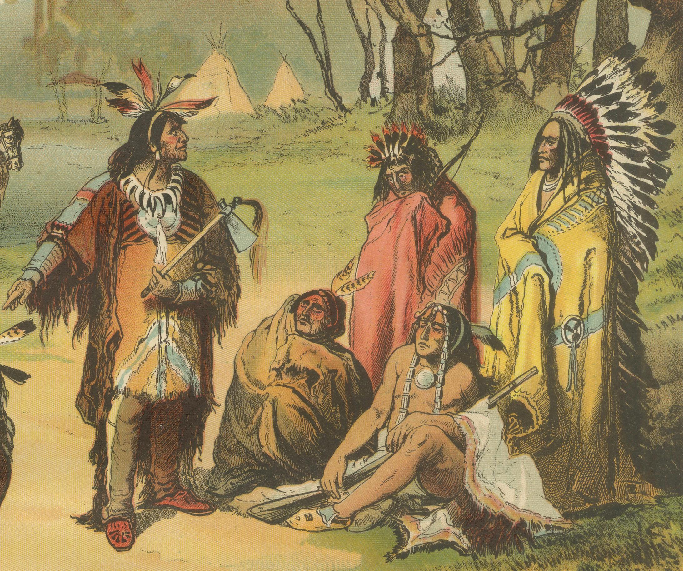 German Antique Chromolithograph of a Native American Village Scene, circa 1890 For Sale