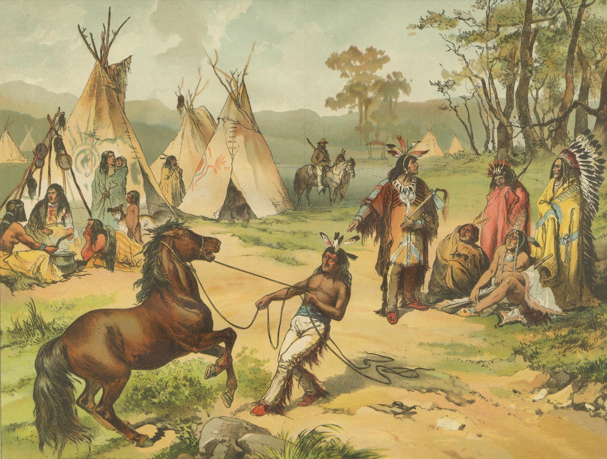 Antique Chromolithograph of a Native American Village Scene, circa 1890 In Good Condition For Sale In Langweer, NL