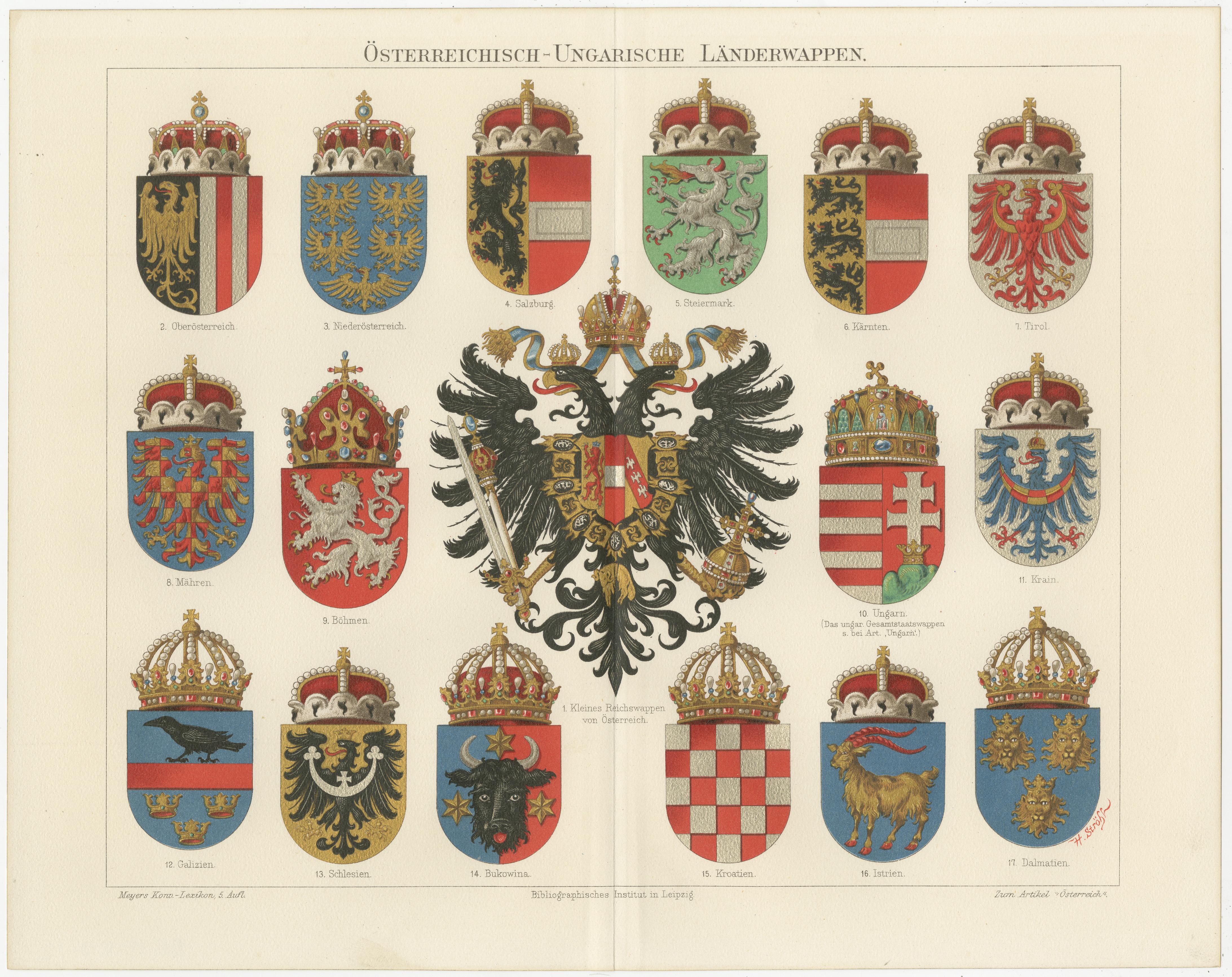 Antique print titled 'Österreichisch-Ungarische Länderwappen'. Original antique chromolithograph of Austro-Hungarian coats of arms. This print originates from Volume 5 of Meyers Konversations-Lexikon, published between 1893 and 1897. 

Meyers