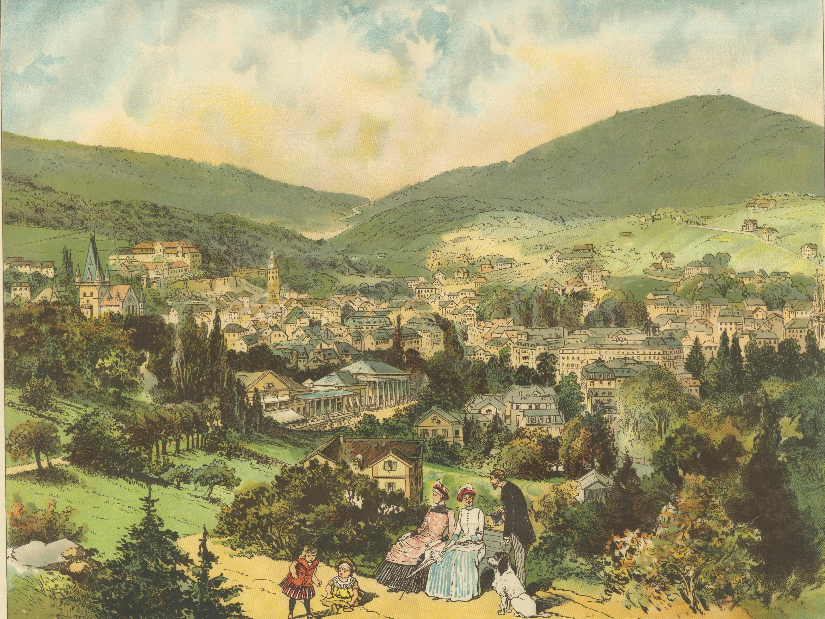 Antique Chromolithograph of Baden-Baden Spa Town with Black Forest Hills, ca. 1885

This charming antique chromolithograph, titled 