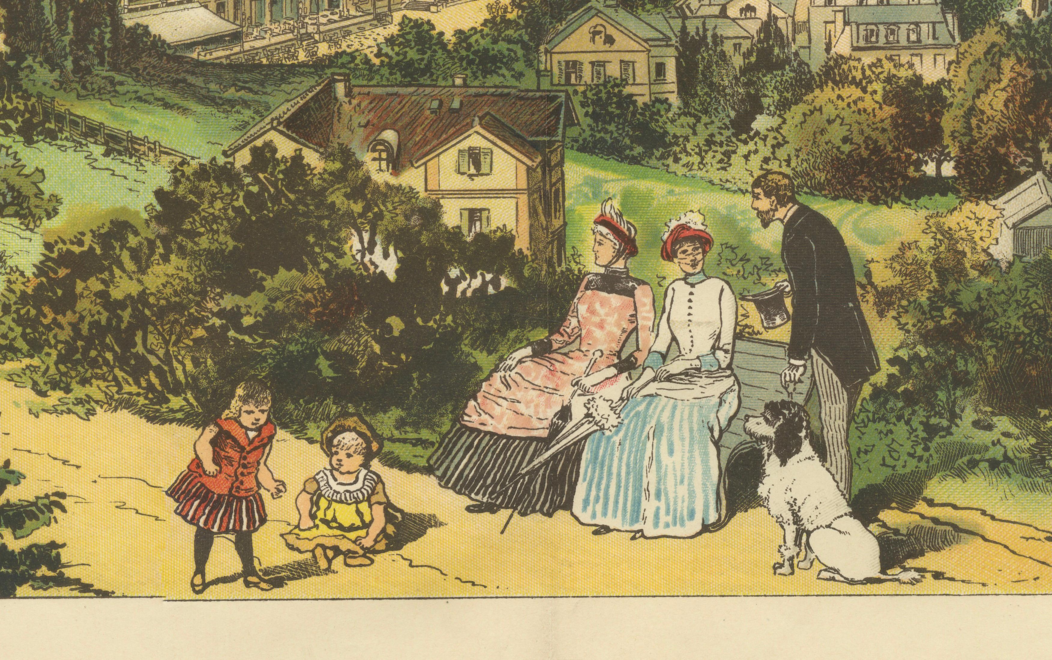 German Antique Chromolithograph of Baden-Baden Spa Town with Black Forest Hills, c.1885 For Sale