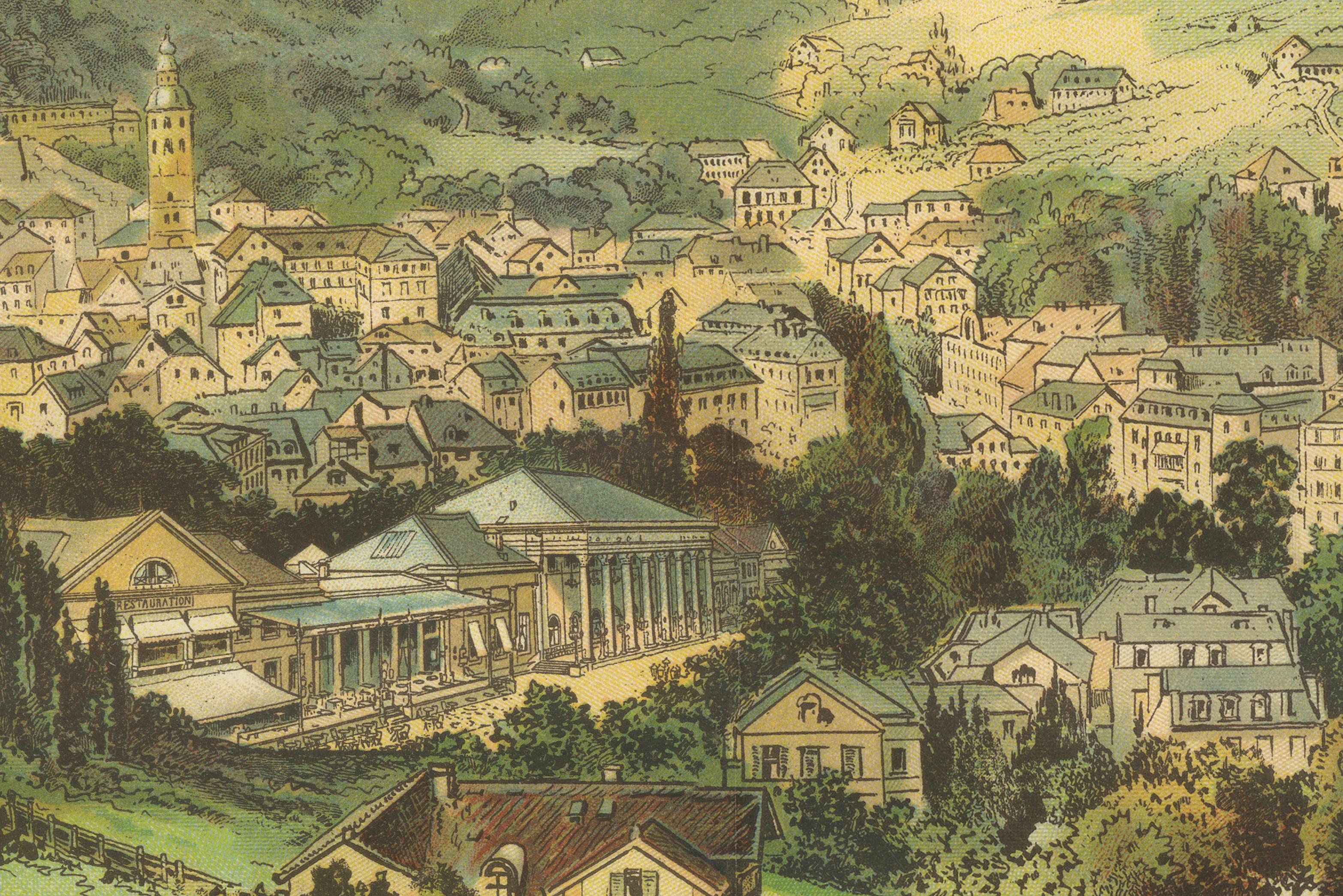 Antique Chromolithograph of Baden-Baden Spa Town with Black Forest Hills, c.1885 In Good Condition For Sale In Langweer, NL