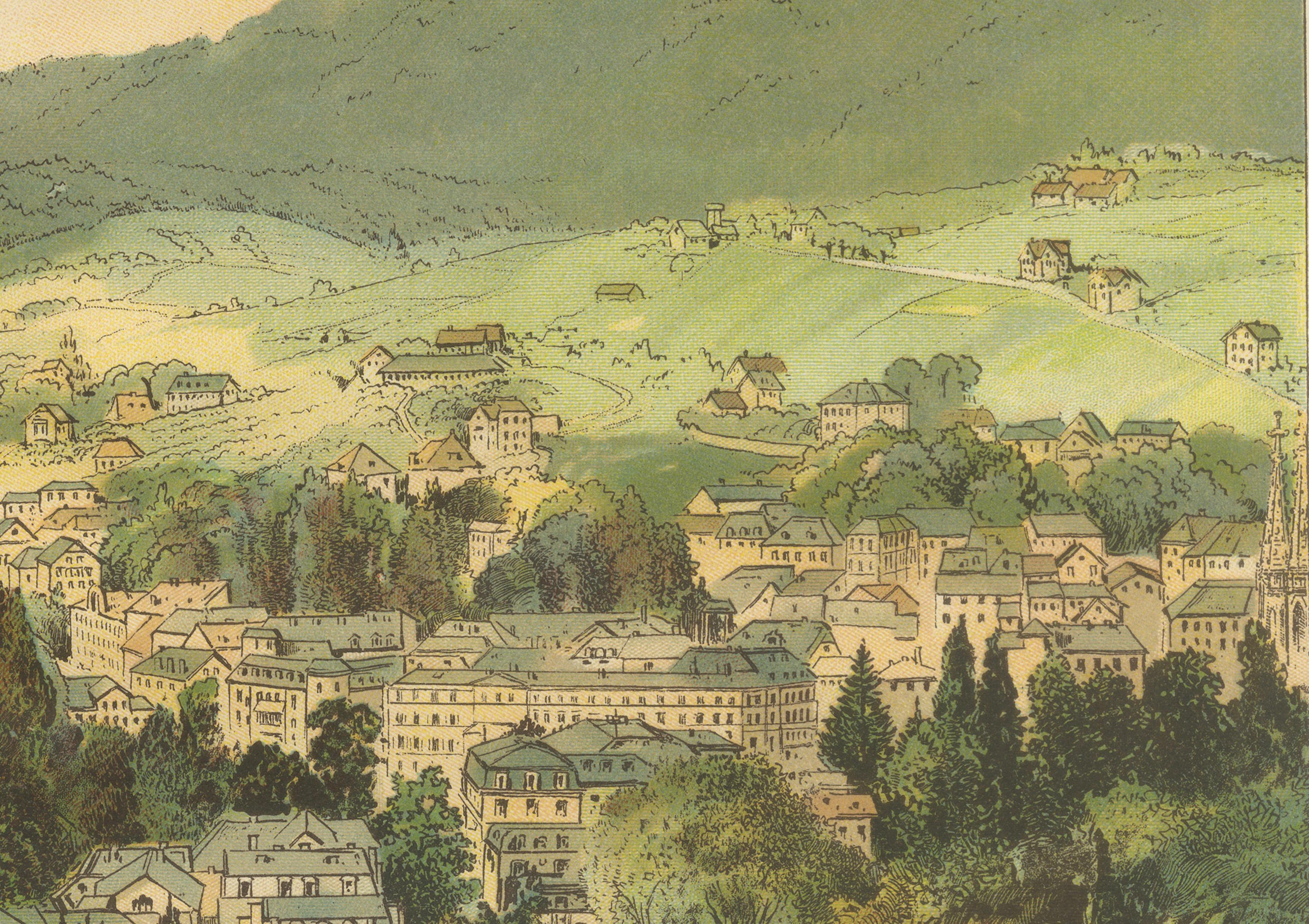 19th Century Antique Chromolithograph of Baden-Baden Spa Town with Black Forest Hills, c.1885 For Sale