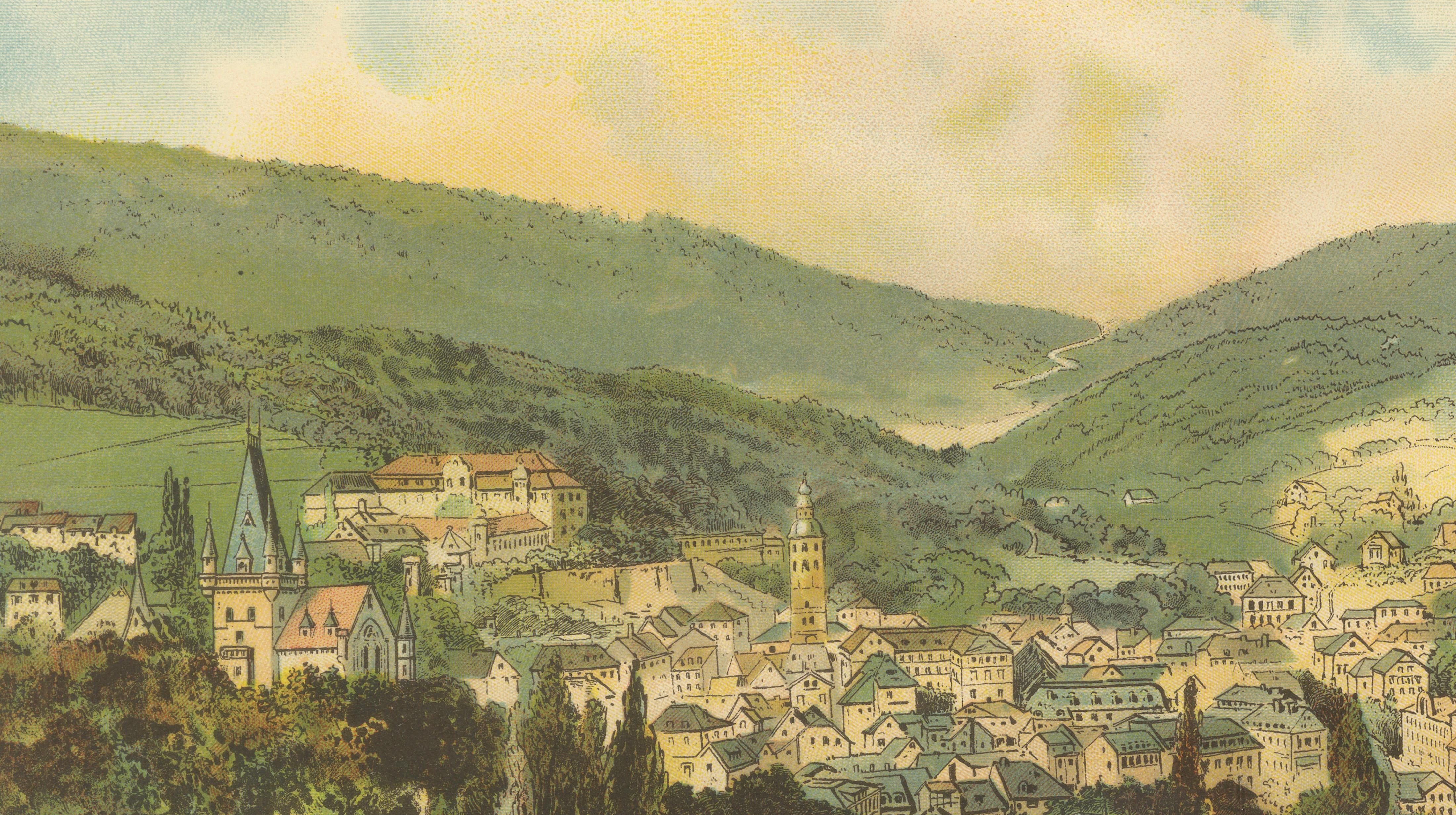 Paper Antique Chromolithograph of Baden-Baden Spa Town with Black Forest Hills, c.1885 For Sale