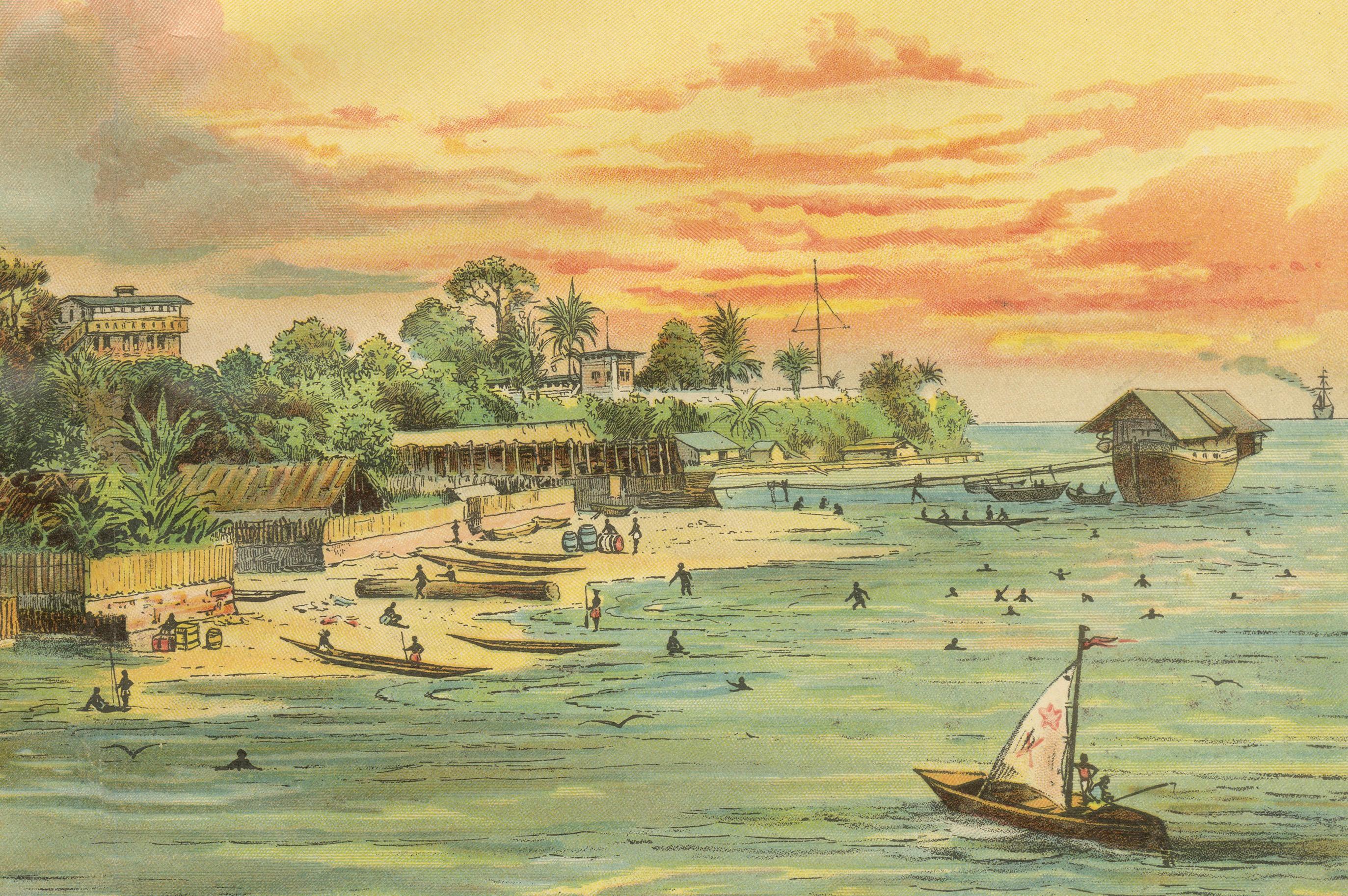 Antique Chromolithograph of Coastal Cameroon with Boats and Settlement, ca. 1890

This vivid chromolithograph titled “Kamerun” (Cameroon) was produced around 1890 and offers a picturesque view of a coastal settlement in the former German colony of