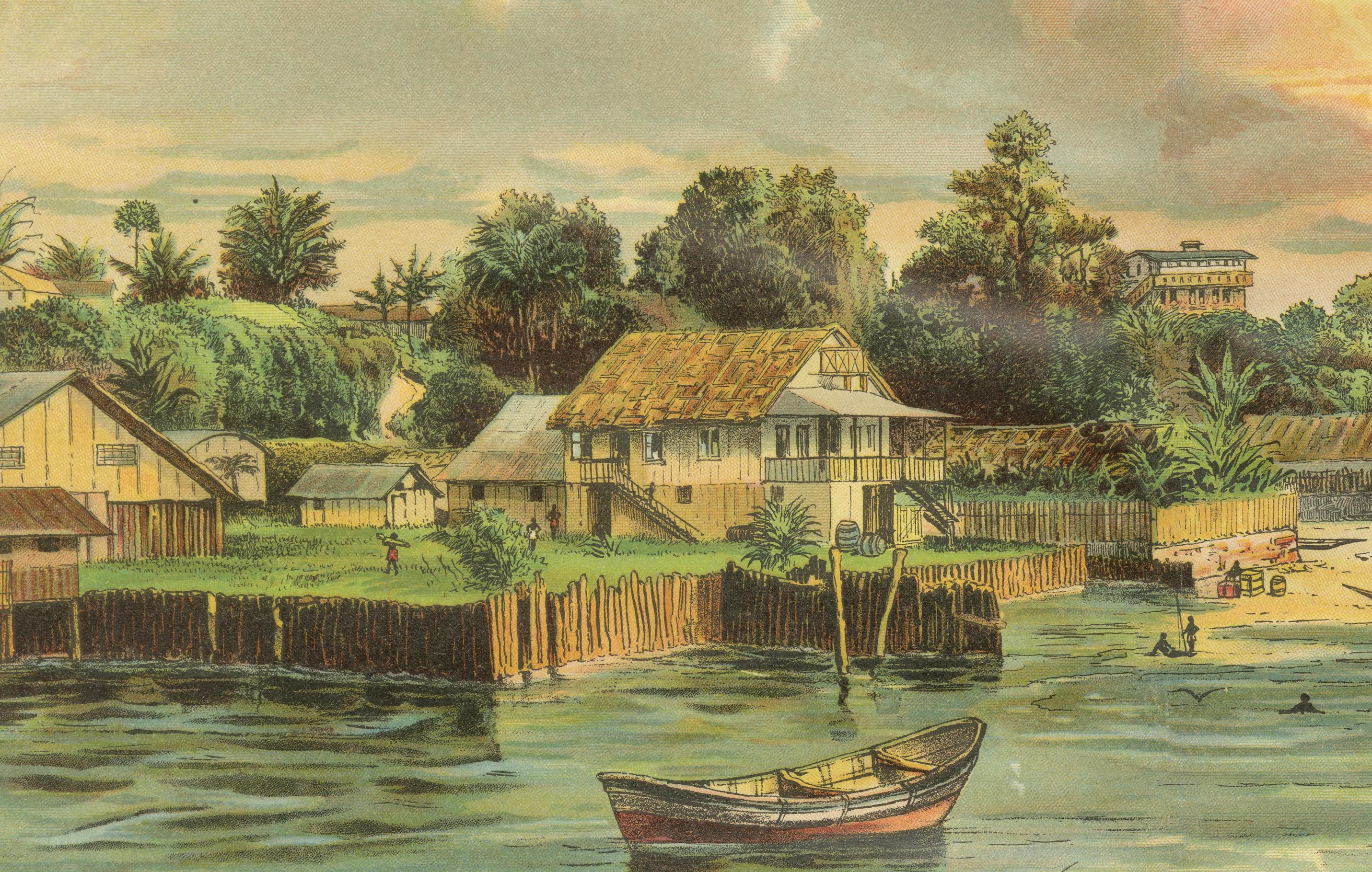 German Antique Chromolithograph of Coastal Cameroon with Boats and Settlement, ca. 1890 For Sale