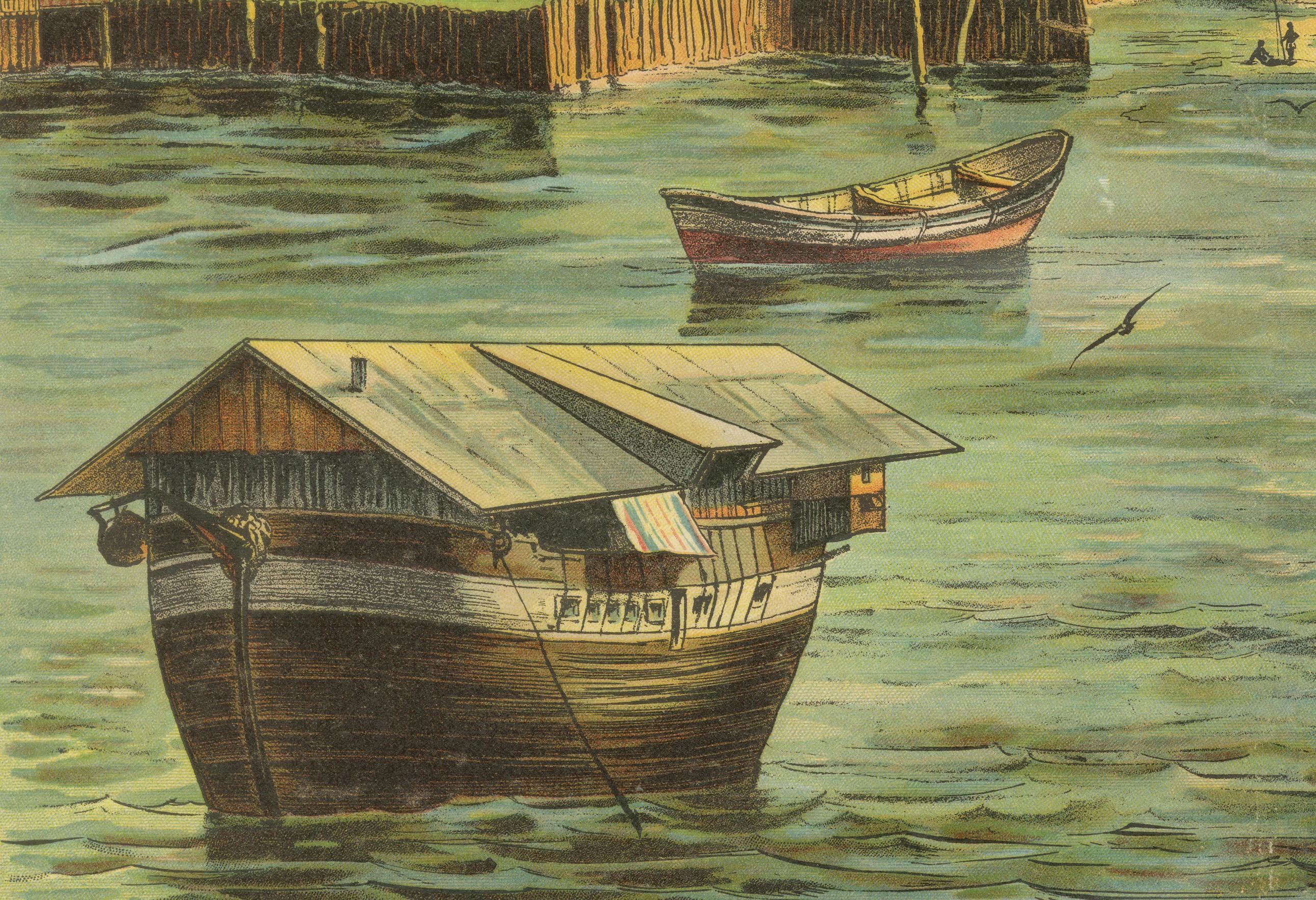 Antique Chromolithograph of Coastal Cameroon with Boats and Settlement, ca. 1890 In Good Condition For Sale In Langweer, NL