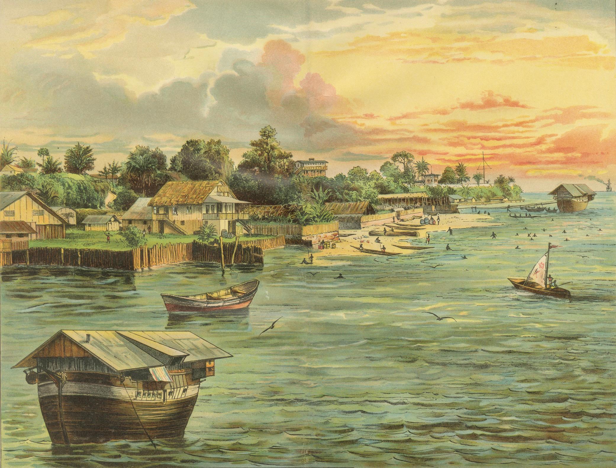 19th Century Antique Chromolithograph of Coastal Cameroon with Boats and Settlement, ca. 1890 For Sale