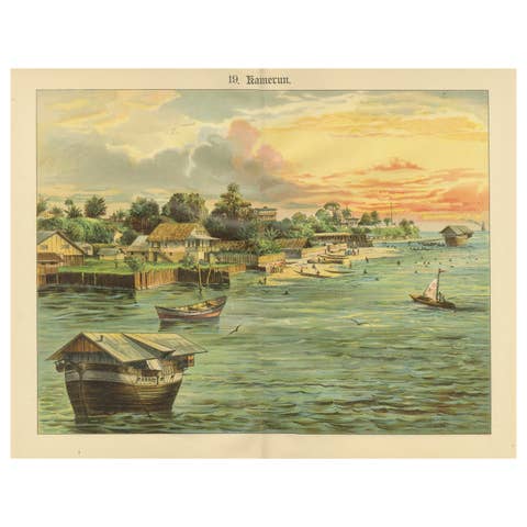 Antique Chromolithograph of Coastal Cameroon with Boats and Settlement, ca. 1890
