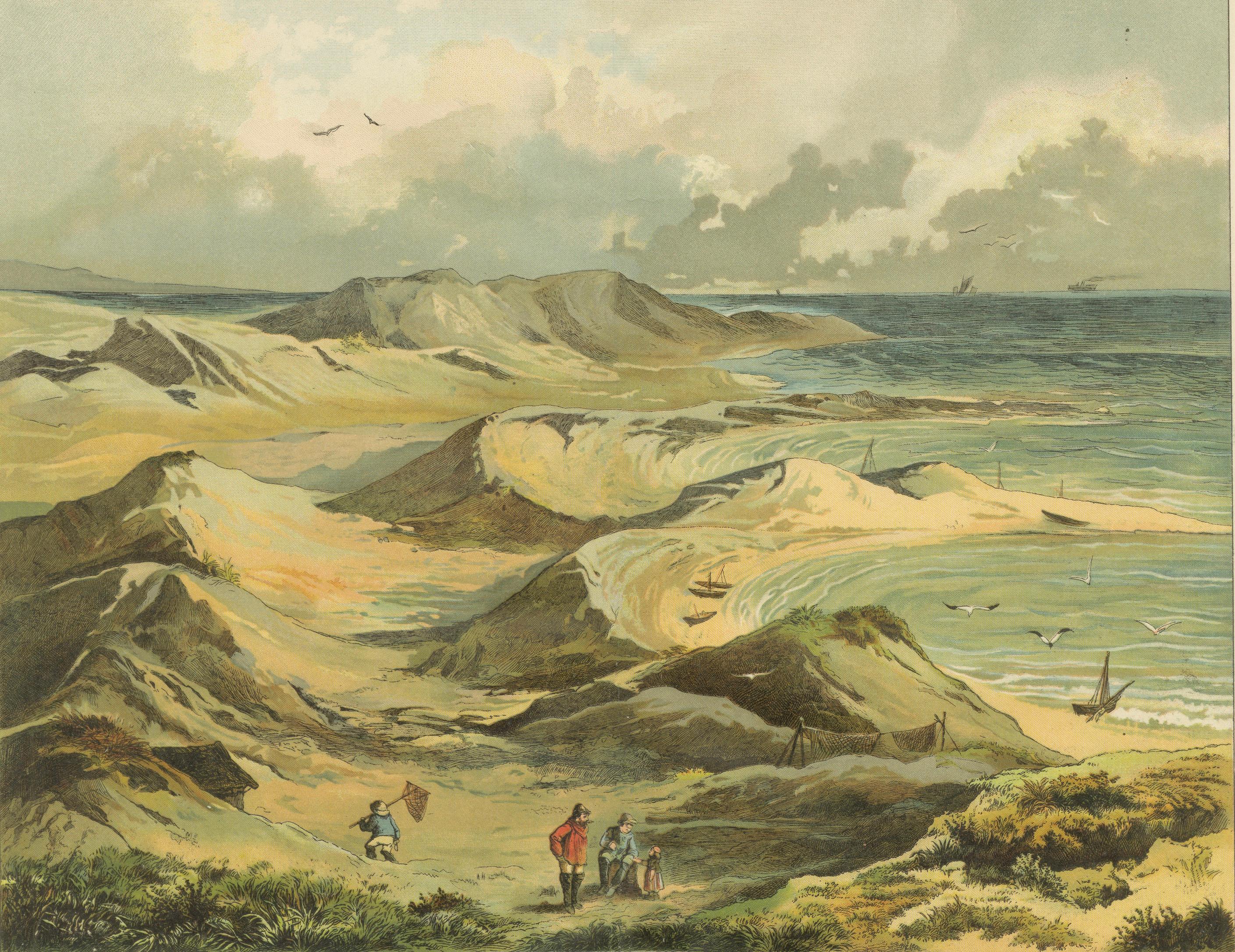 Antique Chromolithograph of Coastal Dunes and North Sea Shoreline, ca. 1890

This atmospheric chromolithograph titled “Die Dünen” (The Dunes) offers a sweeping and evocative view of windswept sand dunes along a northern European coast—most likely
