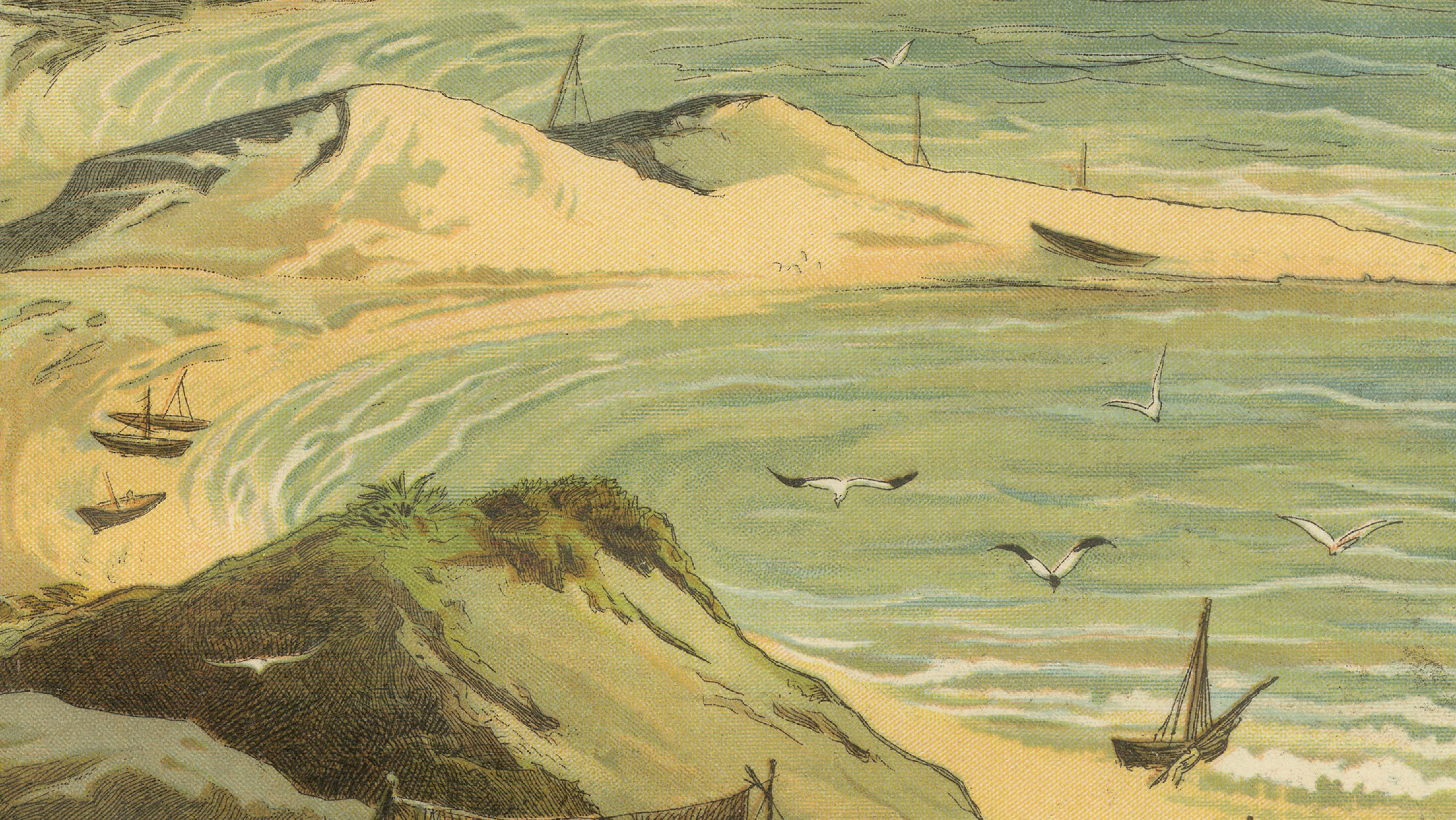 German Antique Chromolithograph of Coastal Dunes and North Sea Shoreline, ca. 1885 For Sale