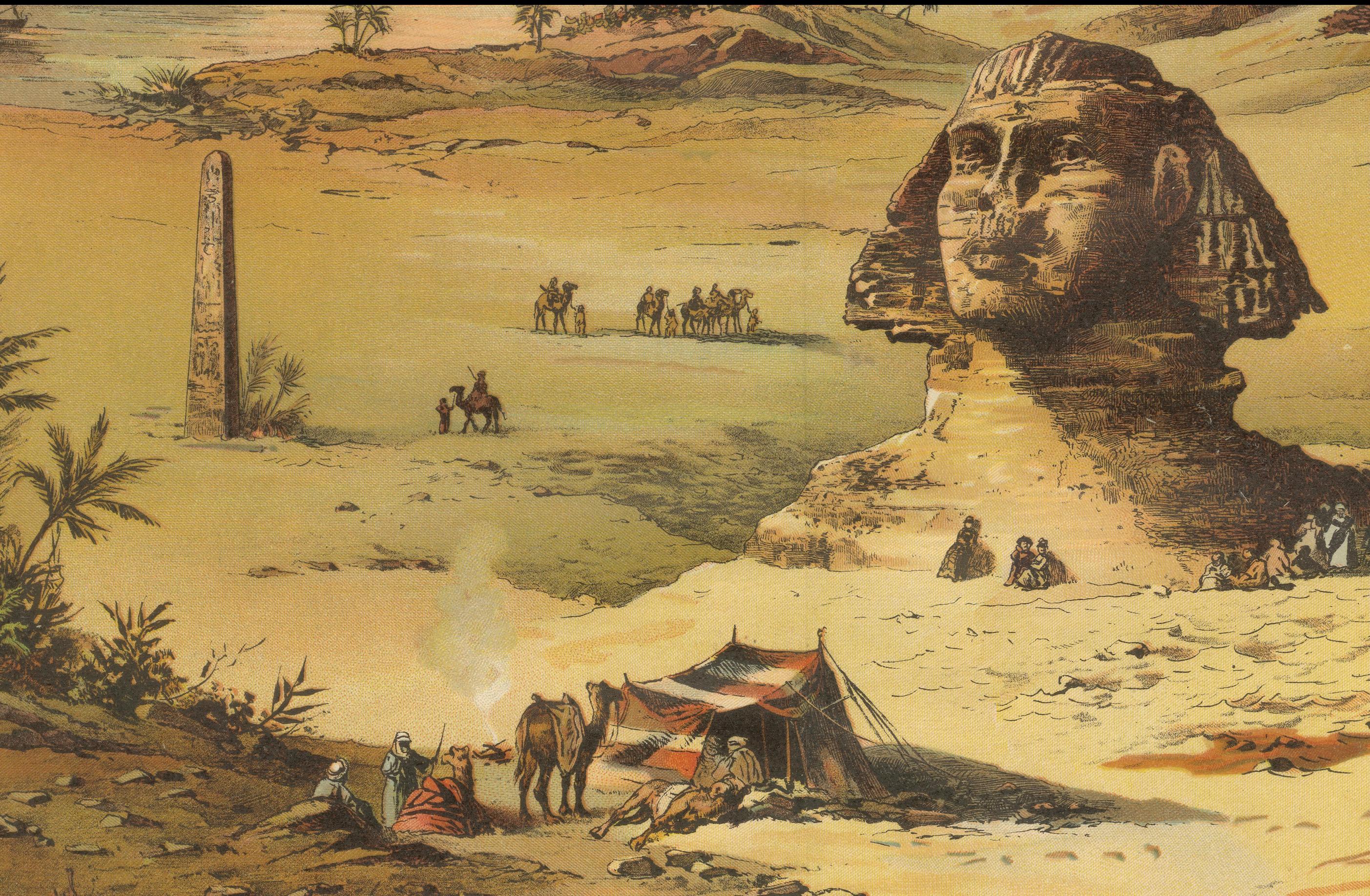 Antike Chromolithographie von Ägypten mit der Sphinx und den Pyramiden, um 1890

Diese stimmungsvolle Chromolithografie mit dem Titel 