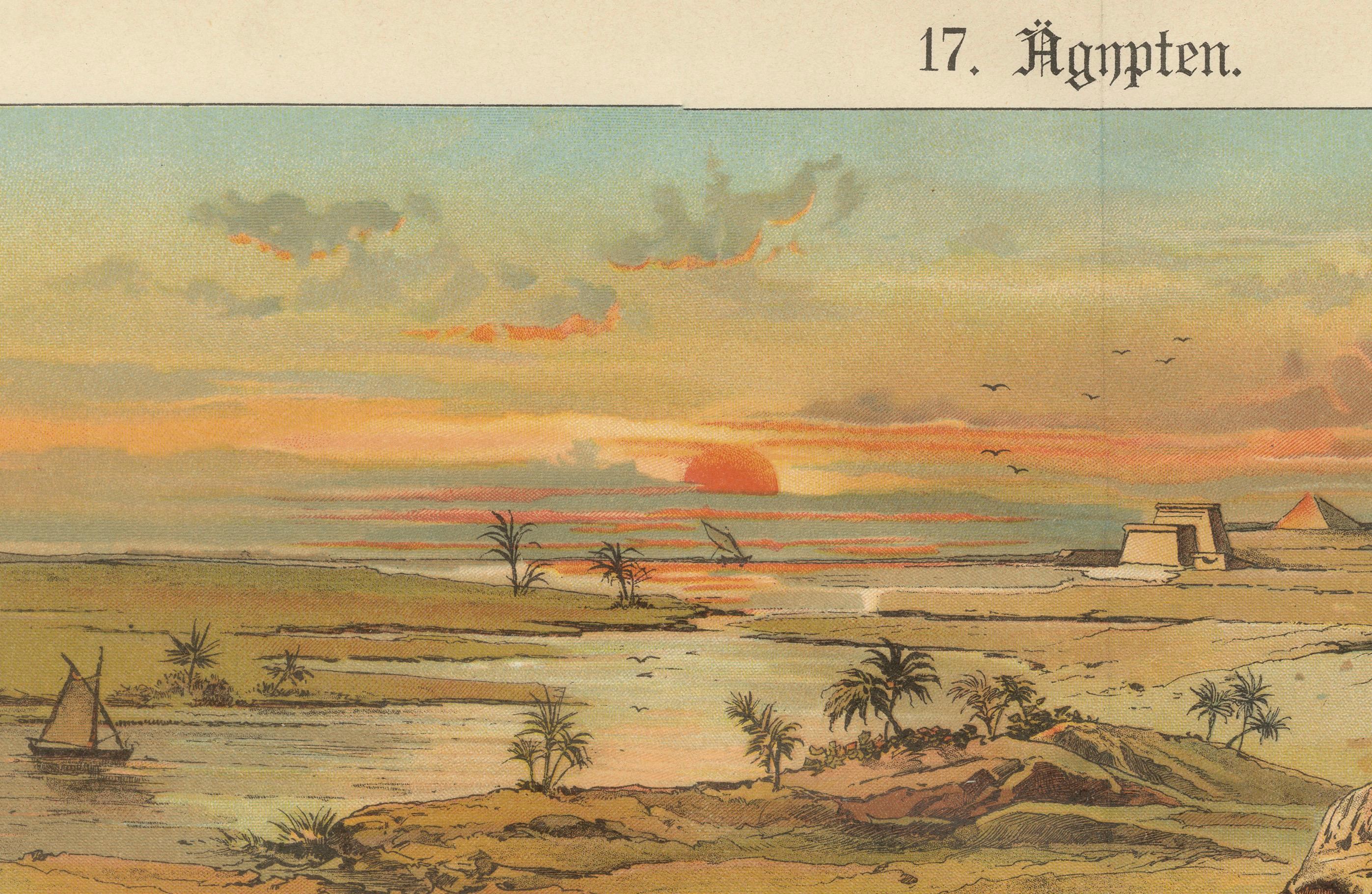 Antike Chromolithographie von Ägypten mit der Sphinx und den Pyramiden, um 1890 (Deutsch) im Angebot