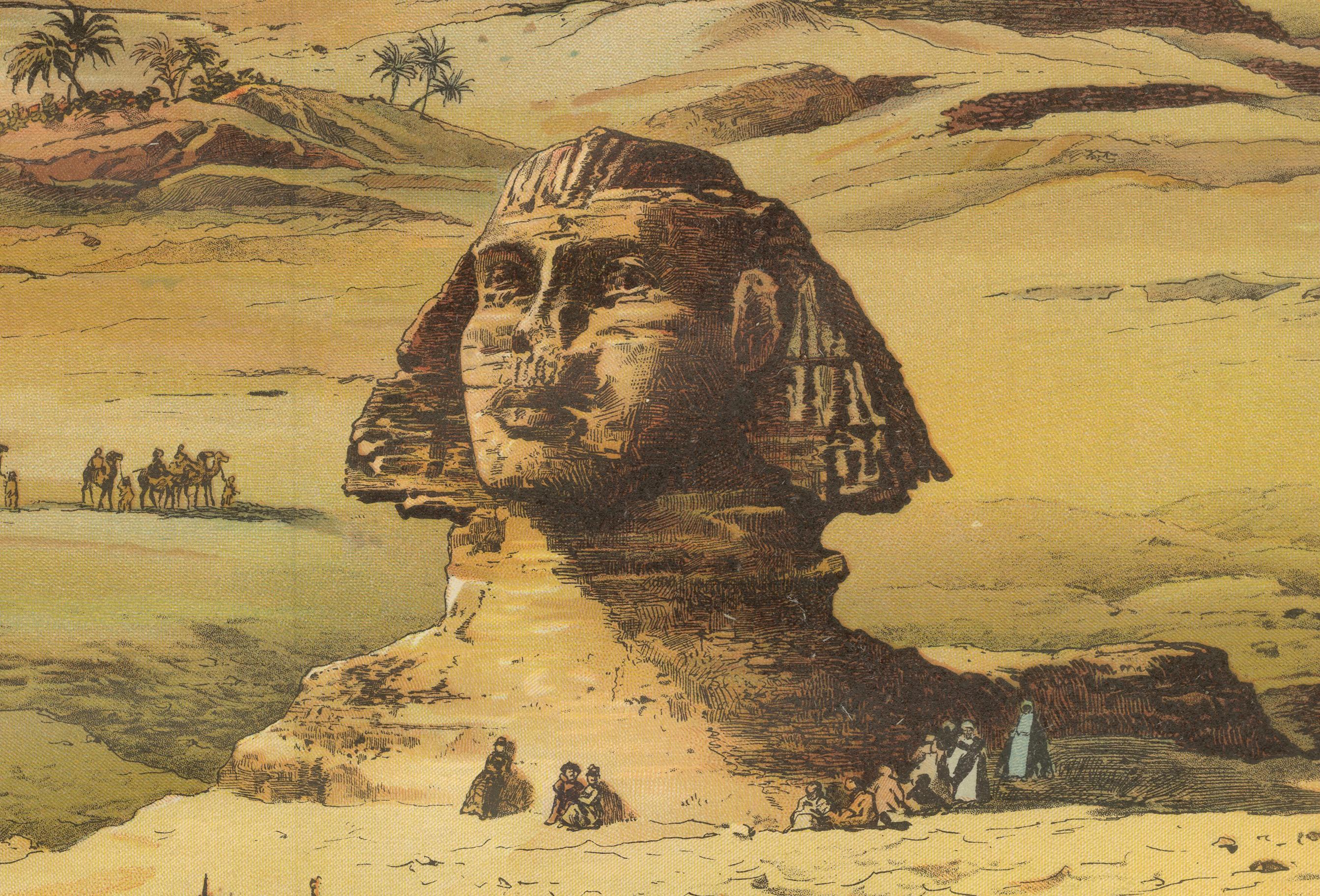 Antike Chromolithographie von Ägypten mit der Sphinx und den Pyramiden, um 1890 (19. Jahrhundert) im Angebot