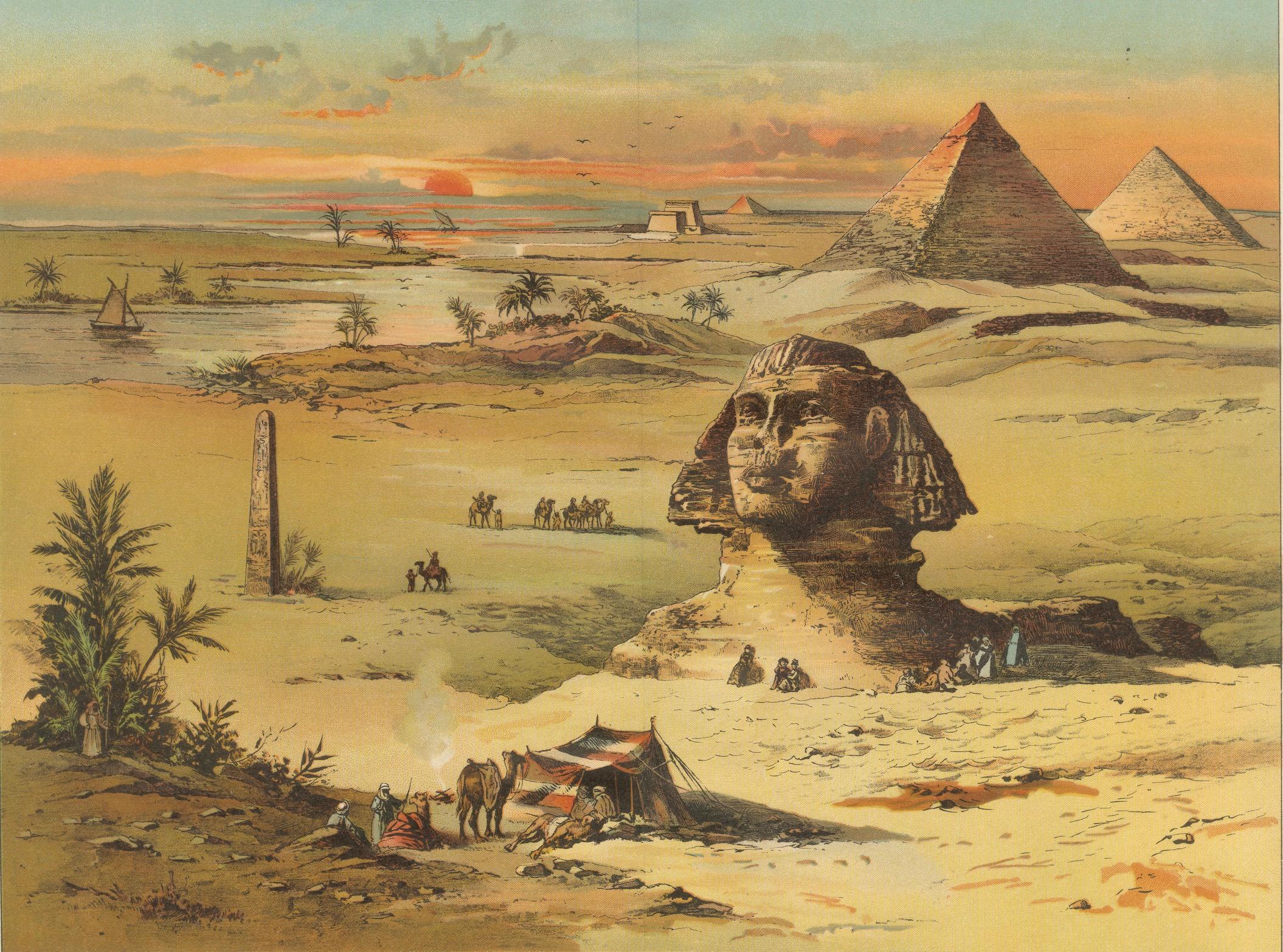 Antike Chromolithographie von Ägypten mit der Sphinx und den Pyramiden, um 1890 (Papier) im Angebot