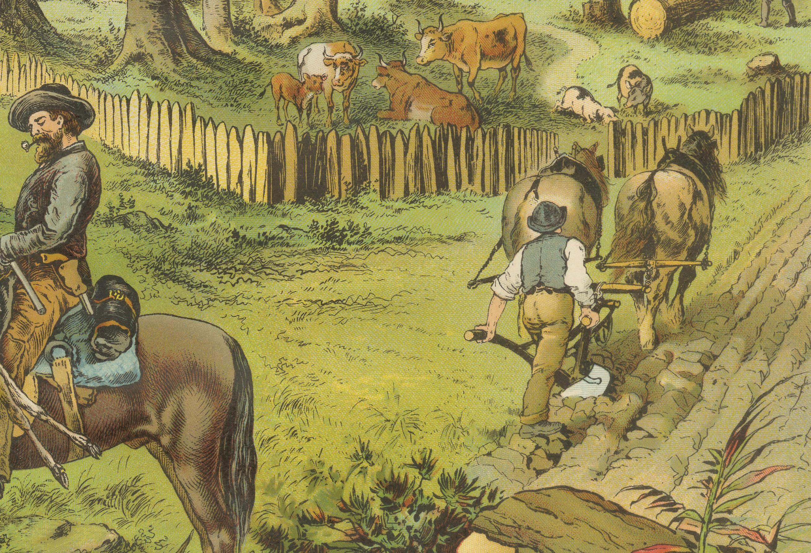 Antique Chromolithograph of German Settlement in America, circa 1890 In Good Condition For Sale In Langweer, NL