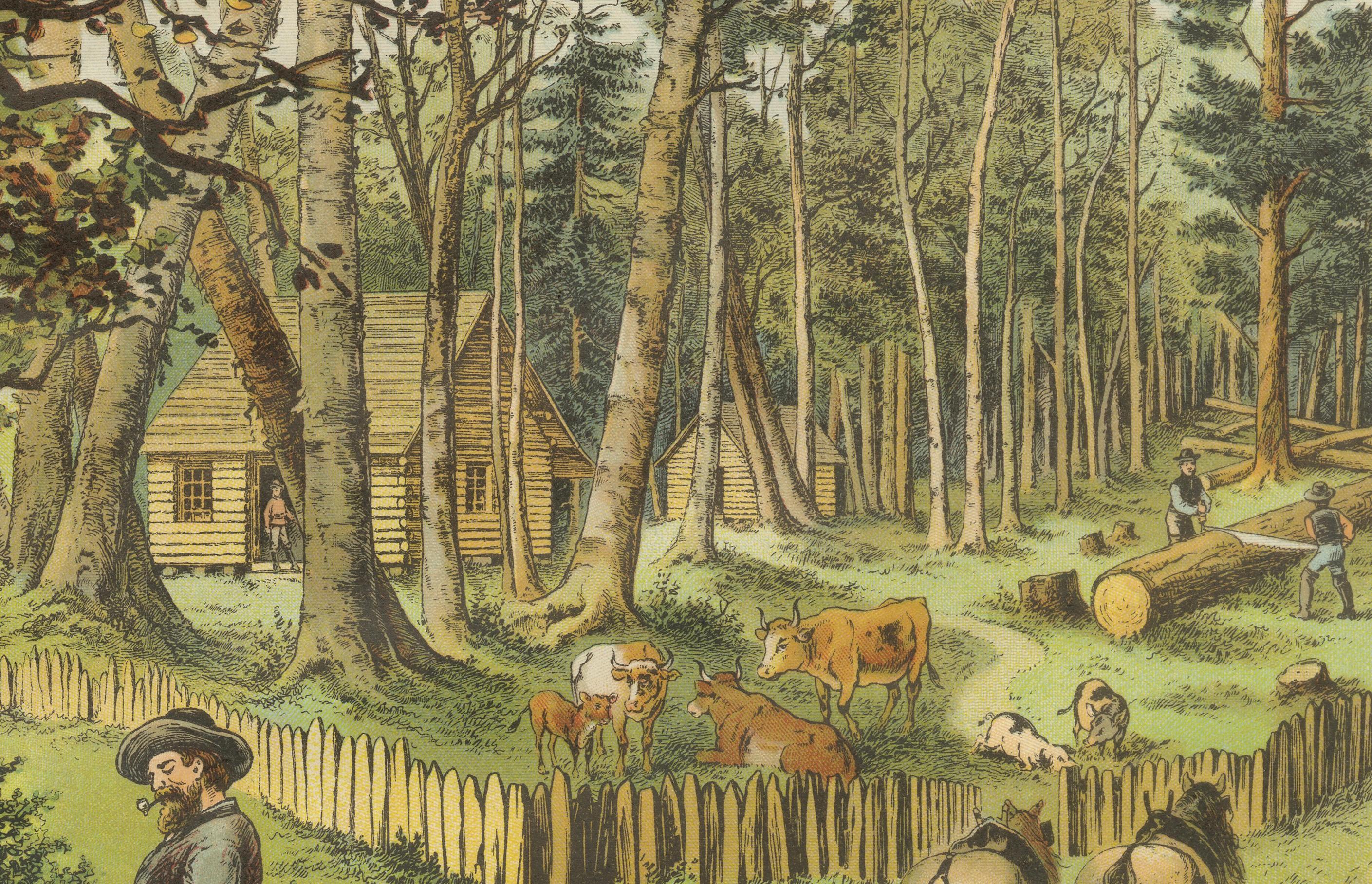 19th Century Antique Chromolithograph of German Settlement in America, circa 1890 For Sale