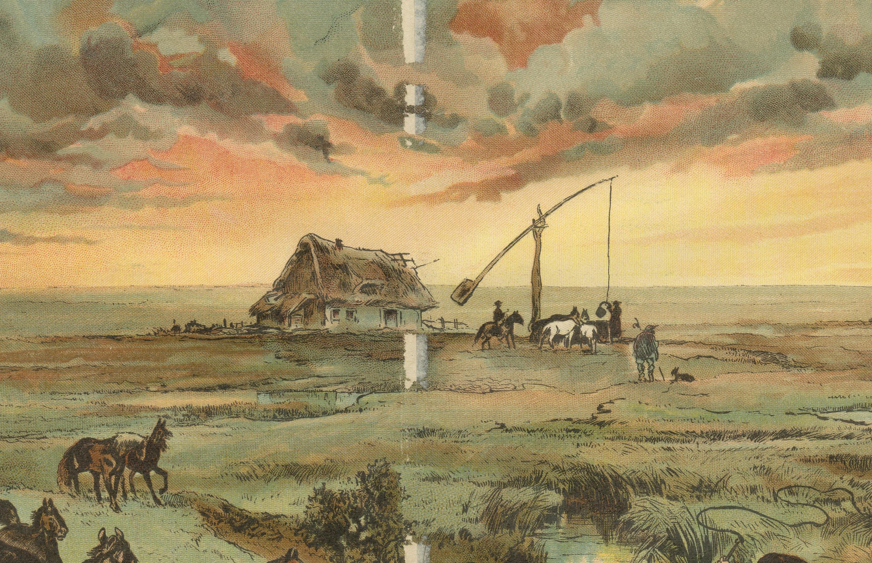 Antique Chromolithograph of Hungarian Puszta with Horses and Herdsman, ca. 1890

This dynamic chromolithograph, titled “Die Puszta,” offers a vivid depiction of traditional rural life on the Hungarian Great Plain, also known as the Puszta. Produced