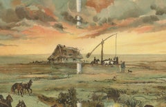 Antique Chromolithograph of Hungarian Puszta with Horses and Herdsman, ca. 1890