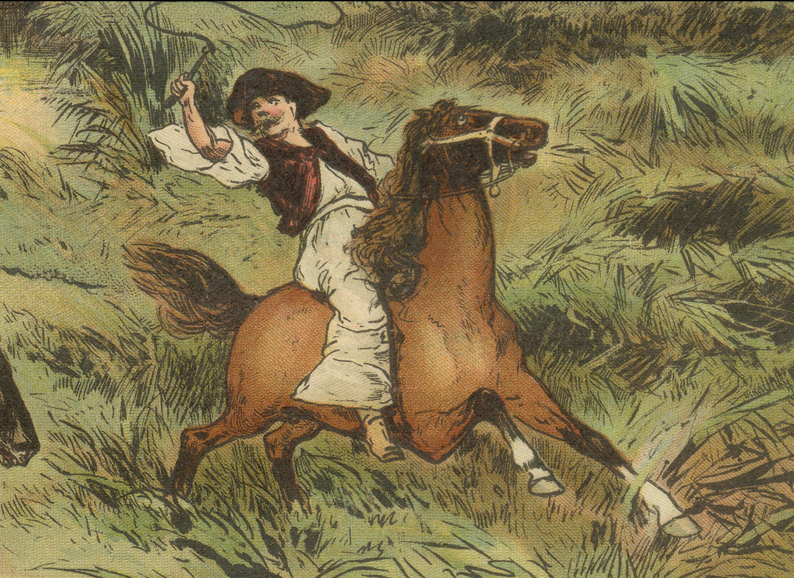 Antique Chromolithograph of Hungarian Puszta with Horses and Herdsman, ca. 1890 In Good Condition For Sale In Langweer, NL