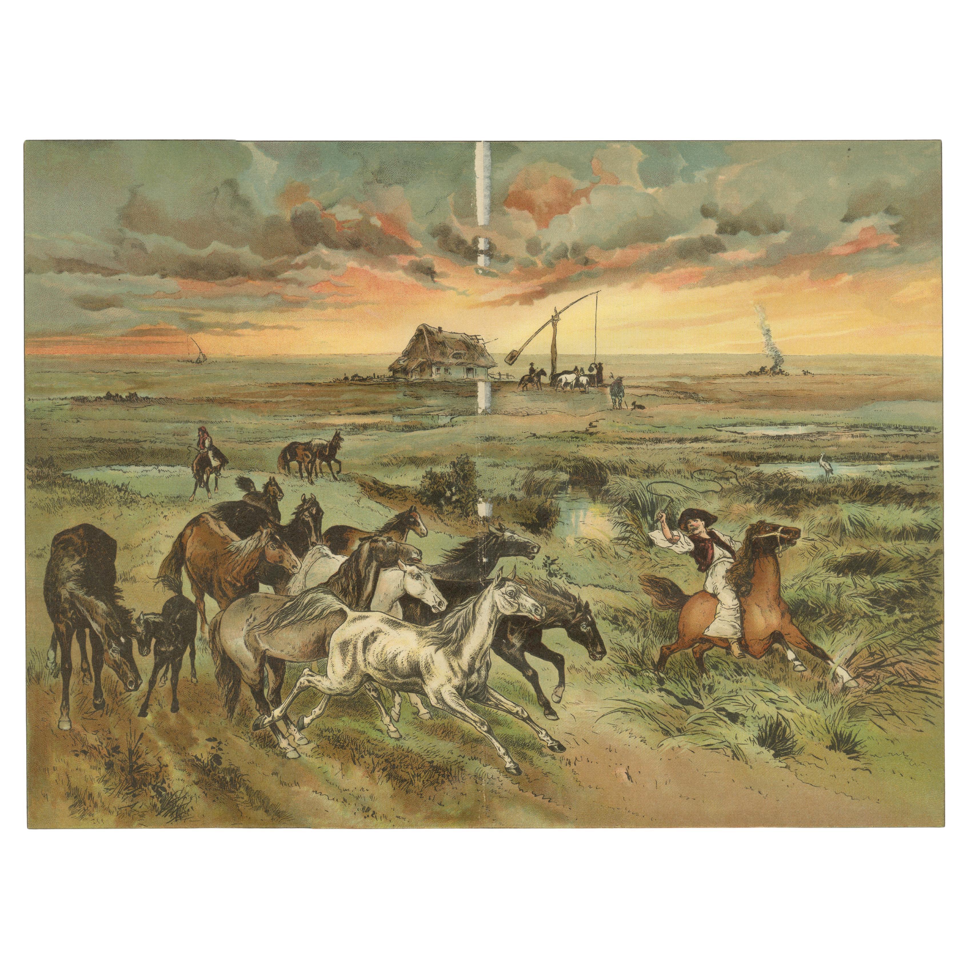 Antique Chromolithograph of Hungarian Puszta with Horses and Herdsman, ca. 1890