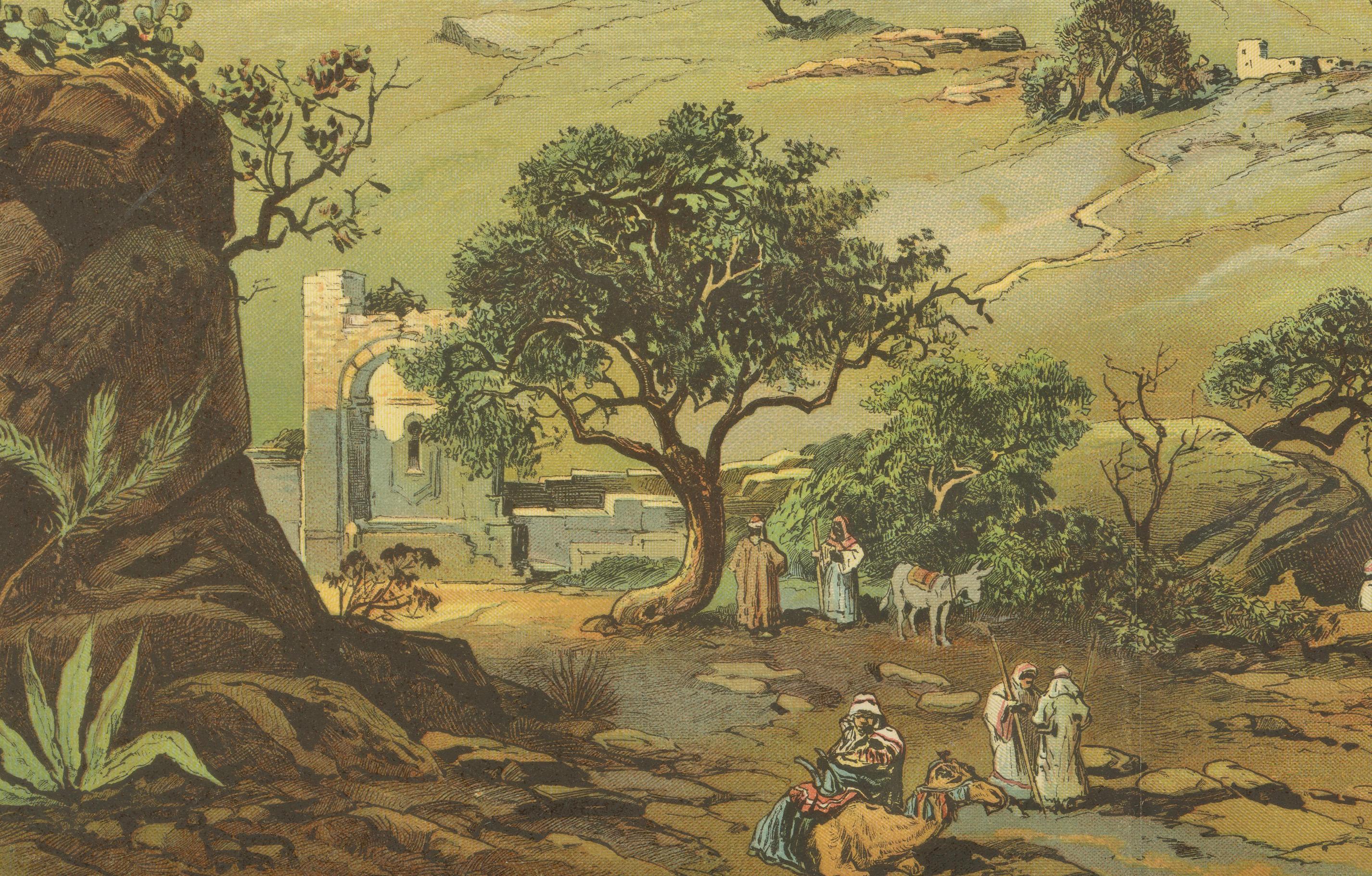 Antique Chromolithograph of Jerusalem from the Mount of Olives, circa 1890

This captivating chromolithograph titled “Jerusalem” dates to approximately 1890 and presents a sweeping panoramic view of the Holy City from the vantage point of the Mount