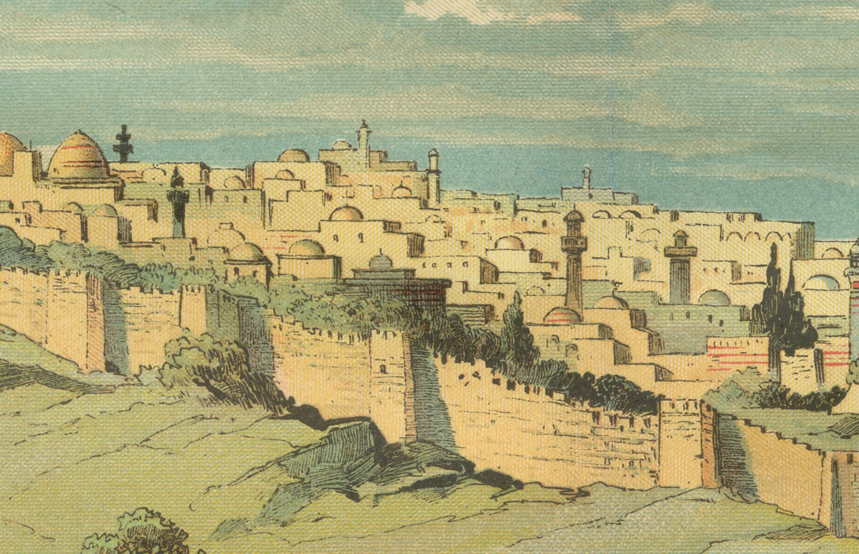 Antique Chromolithograph of Jerusalem from the Mount of Olives, circa 1890 In Good Condition For Sale In Langweer, NL