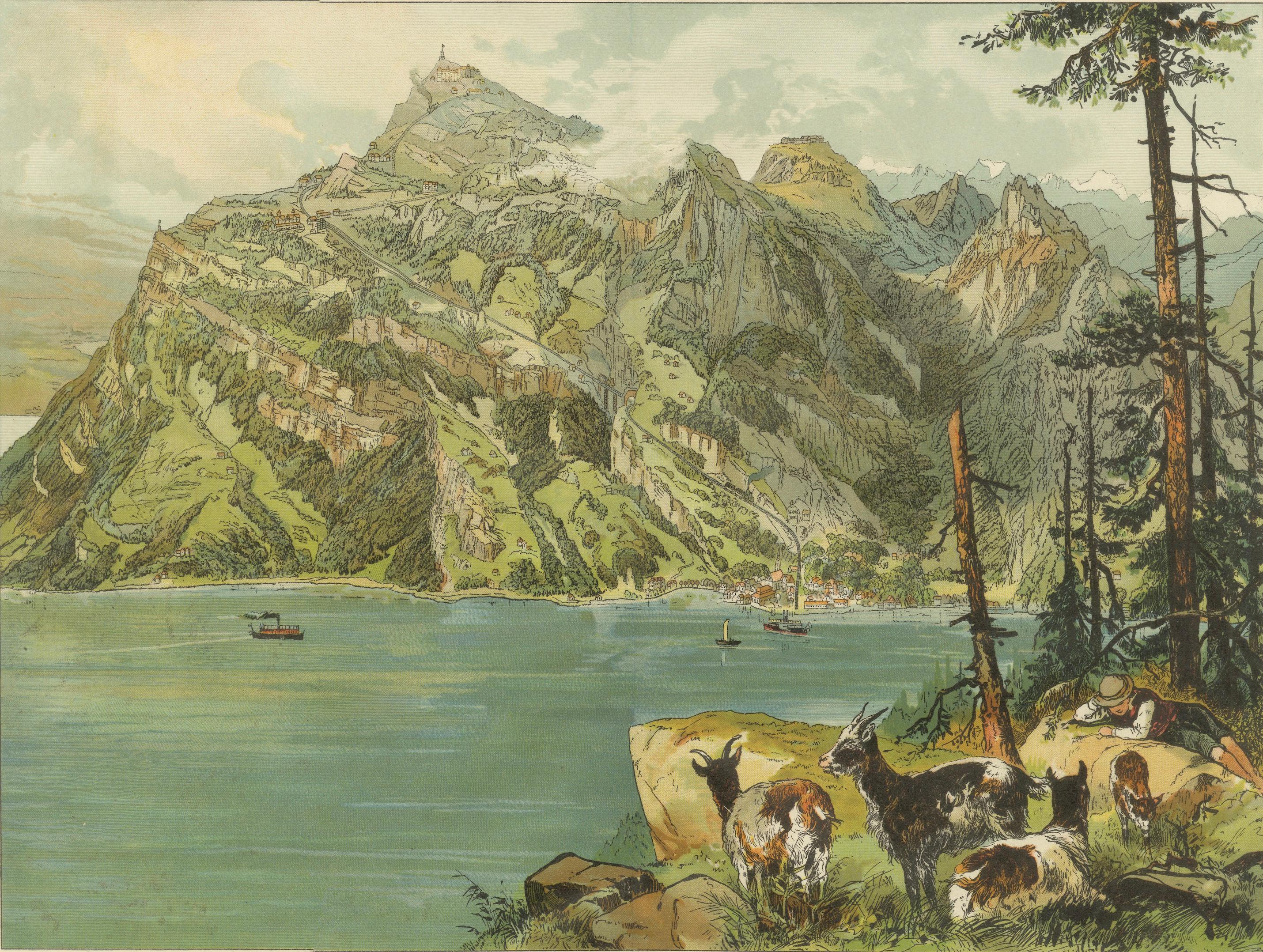 Antique Chromolithograph of Mount Rigi and Lake Lucerne, Switzerland, ca. 1890

This vibrant chromolithograph, titled “Der Rigi,” offers a sweeping and idyllic view of Mount Rigi rising majestically above Lake Lucerne in central Switzerland. Created
