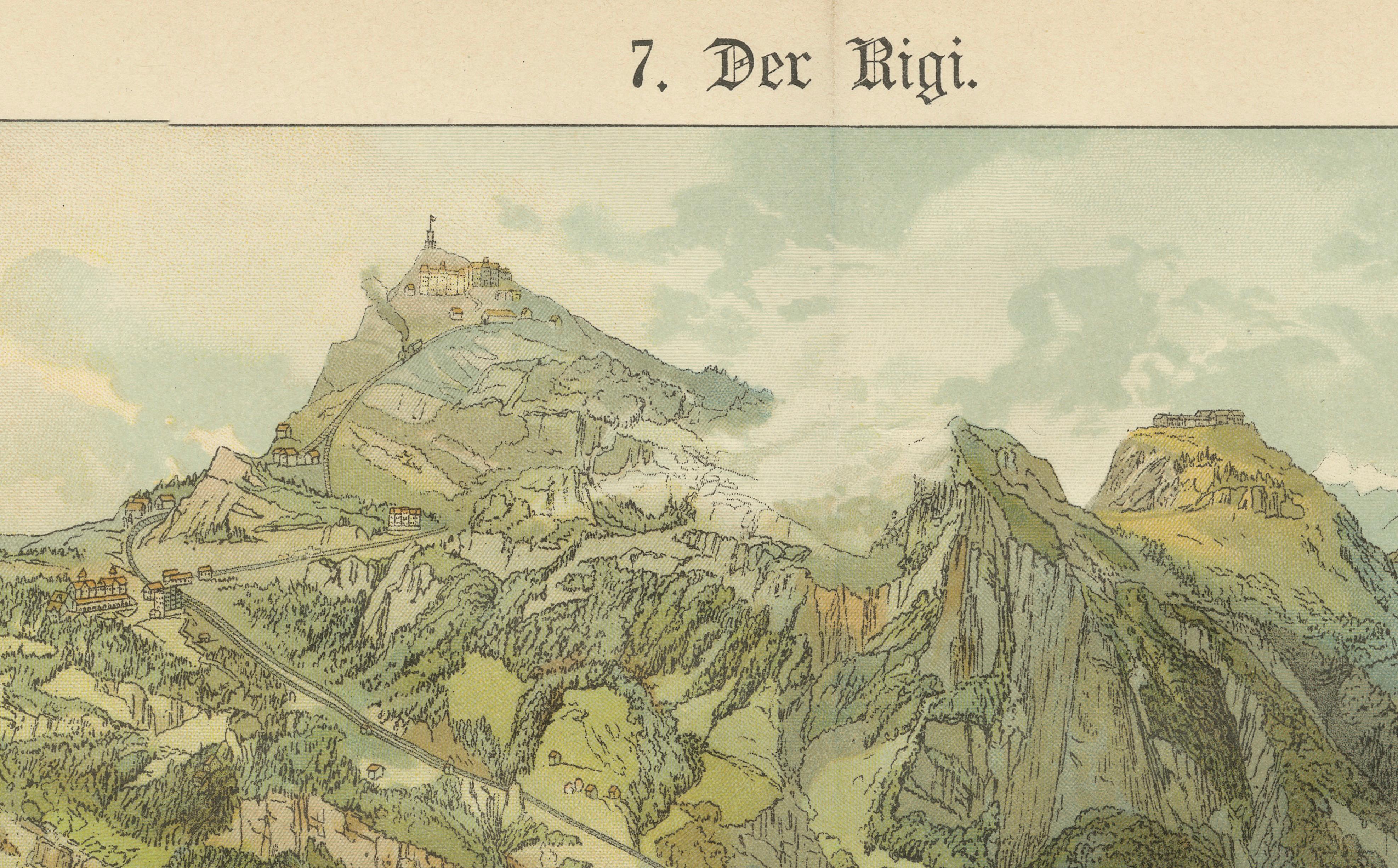 German Antique Chromolithograph of Mount Rigi and Lake Lucerne, Switzerland, ca. 1885 For Sale