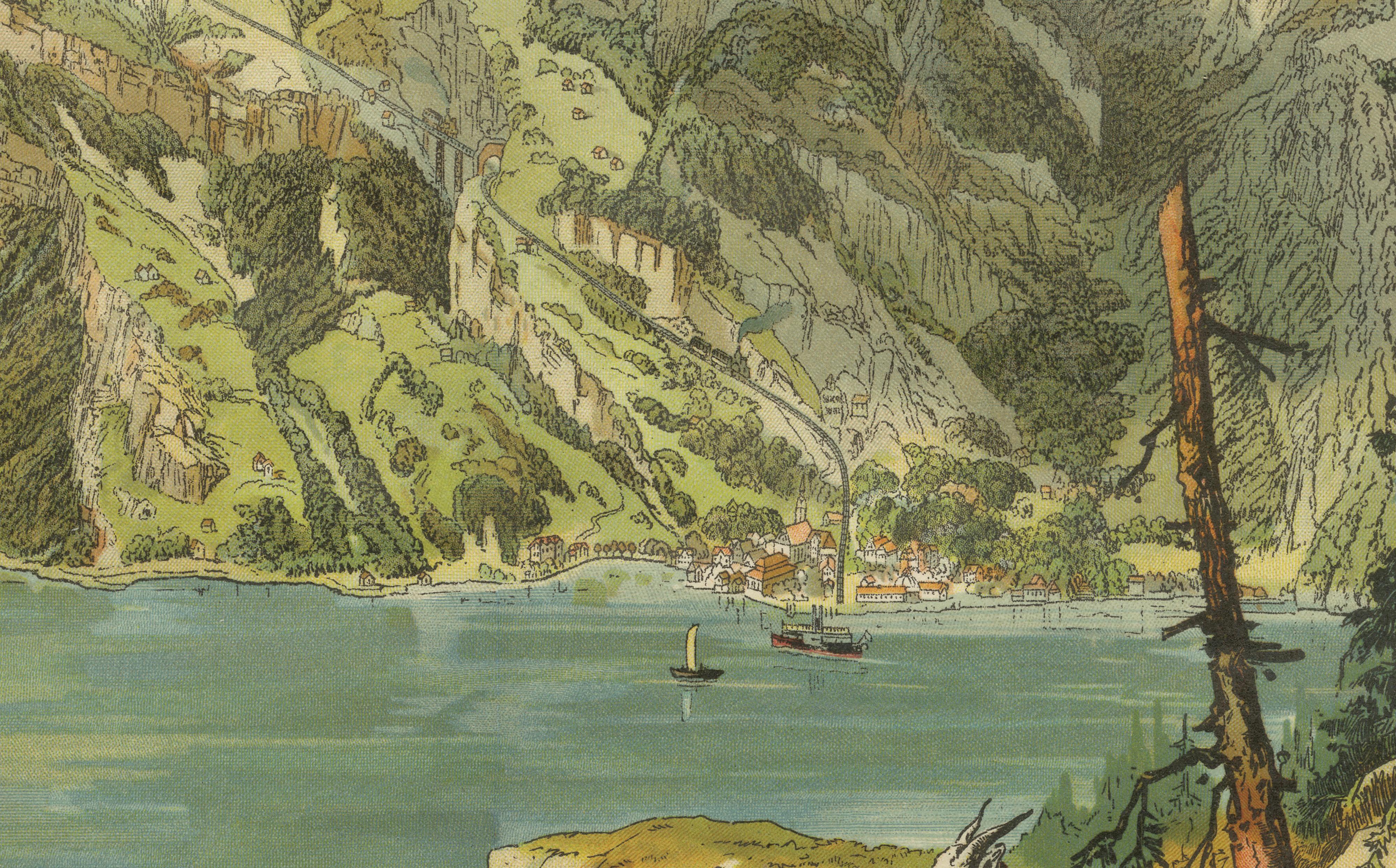 Antique Chromolithograph of Mount Rigi and Lake Lucerne, Switzerland, ca. 1885 In Good Condition For Sale In Langweer, NL