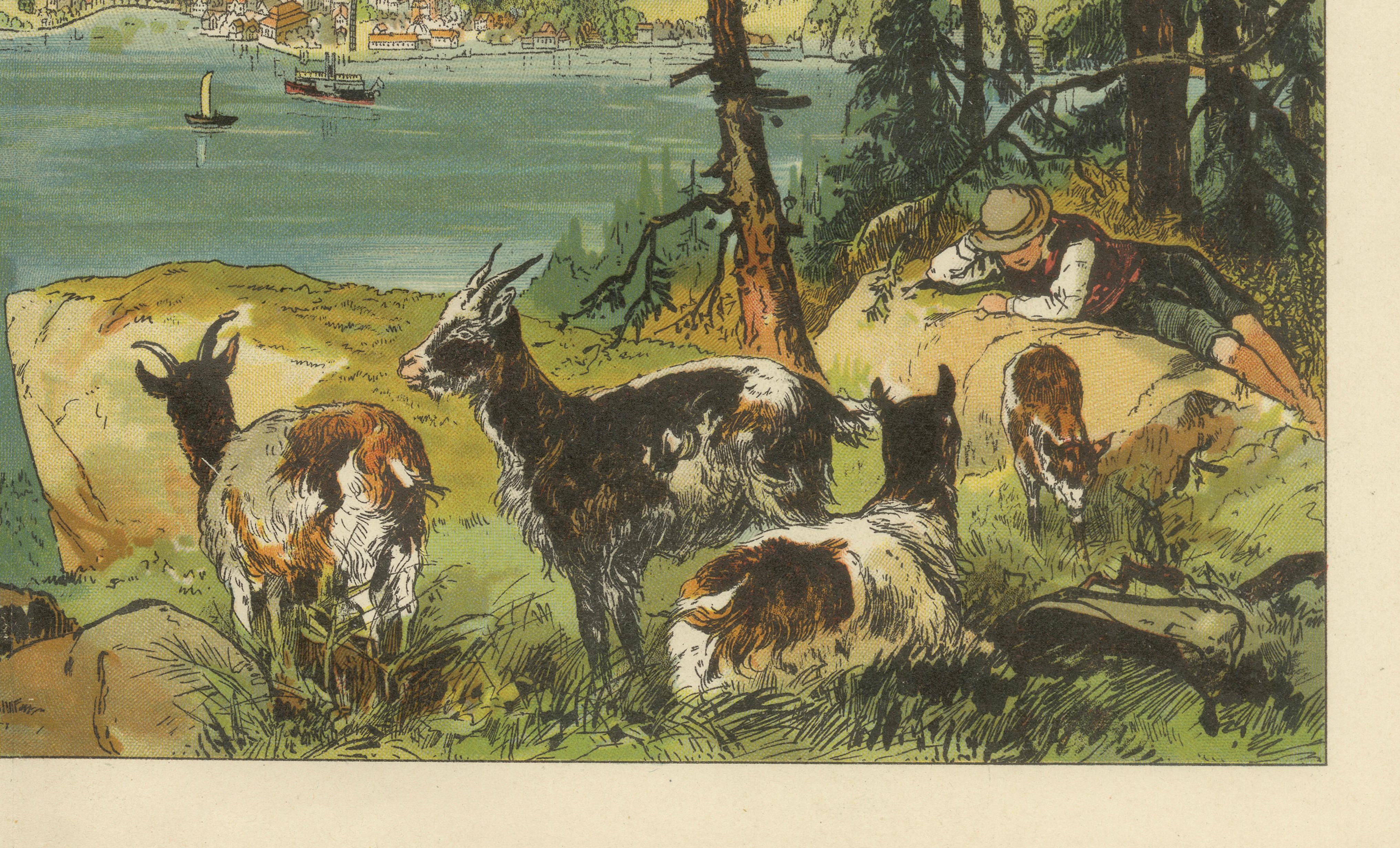 19th Century Antique Chromolithograph of Mount Rigi and Lake Lucerne, Switzerland, ca. 1885 For Sale