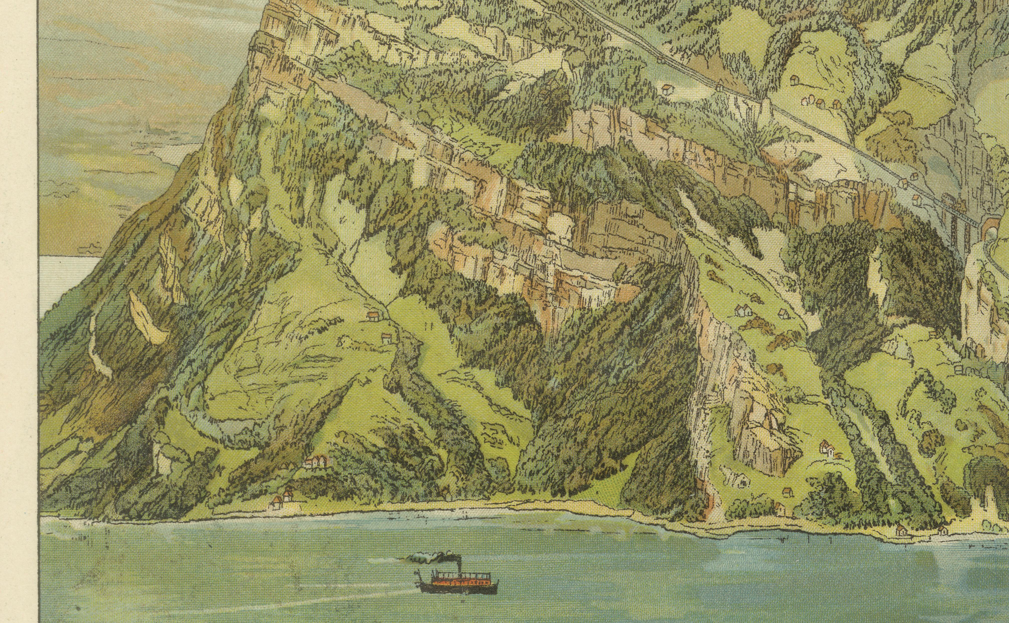 Paper Antique Chromolithograph of Mount Rigi and Lake Lucerne, Switzerland, ca. 1885 For Sale