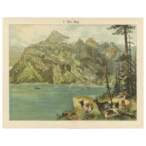 Antique Chromolithograph of Mount Rigi and Lake Lucerne, Switzerland, ca. 1885