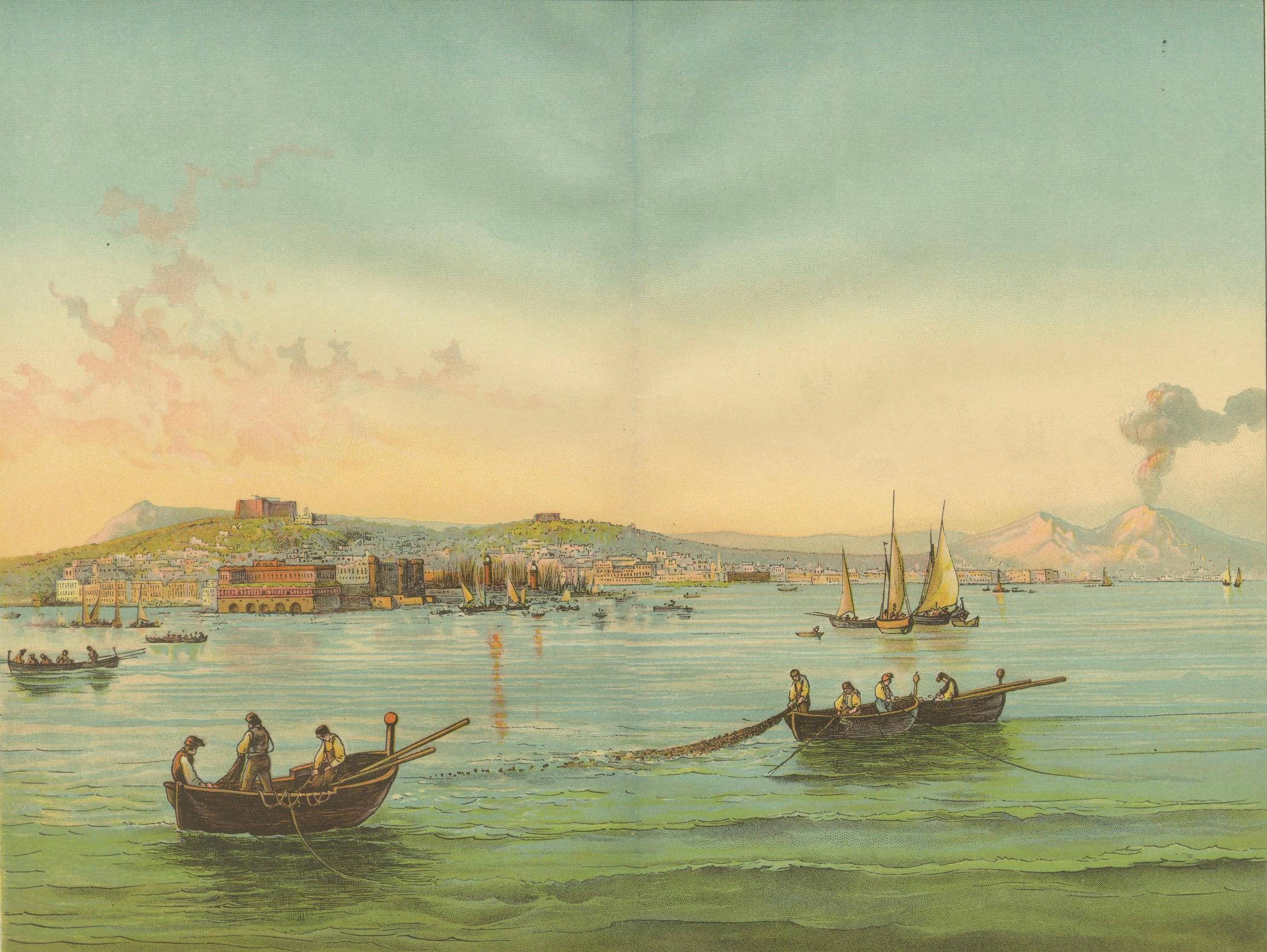 Antique Chromolithograph of Naples and Mount Vesuvius with Bay Scene, ca. 1890

This luminous chromolithograph, titled “Neapel und der Vesuv” (Naples and Vesuvius), dates to around 1890 and vividly captures the iconic view of Naples and its harbor