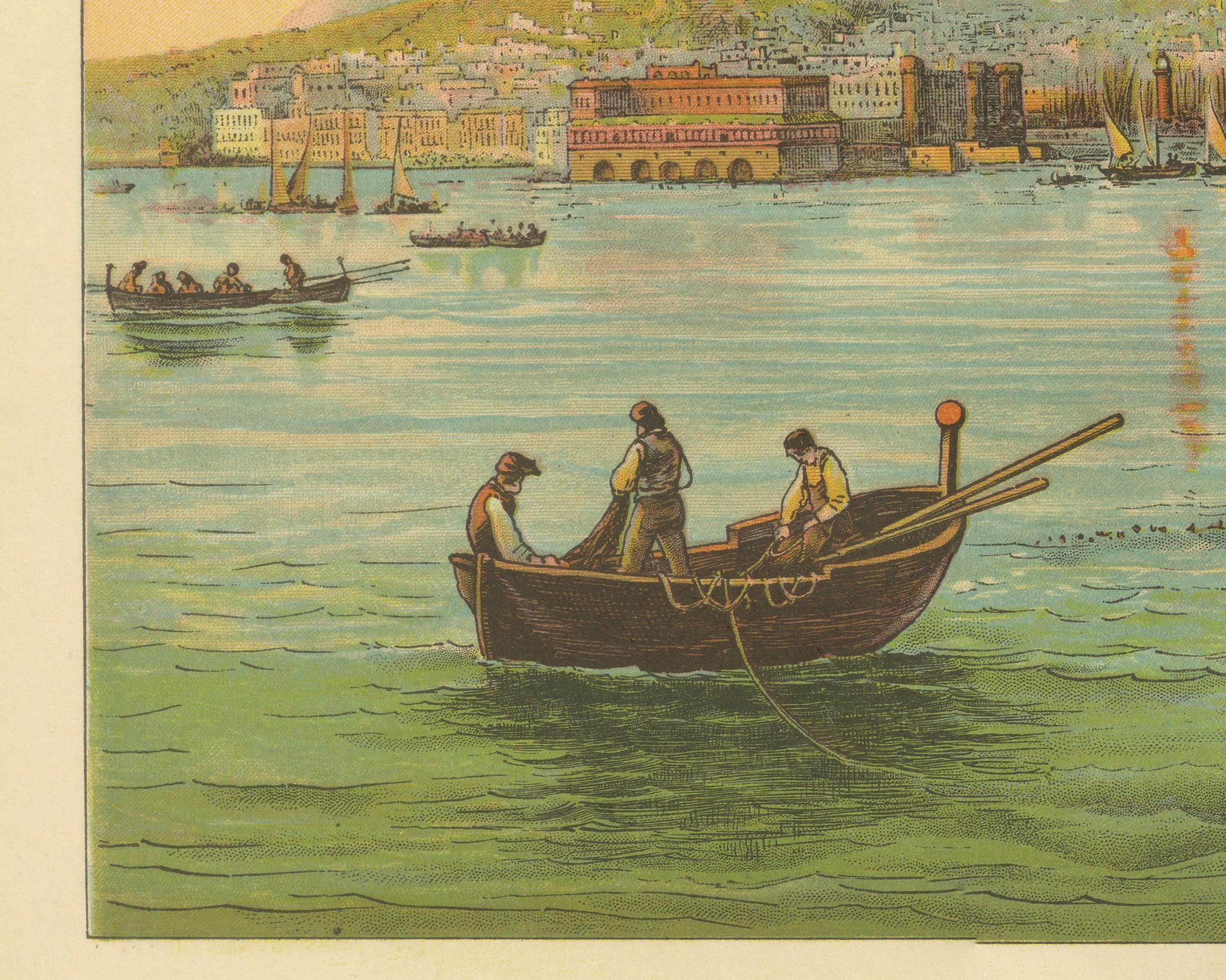 German Antique Chromolithograph of Naples and Mount Vesuvius with Bay Scene, ca. 1890 For Sale