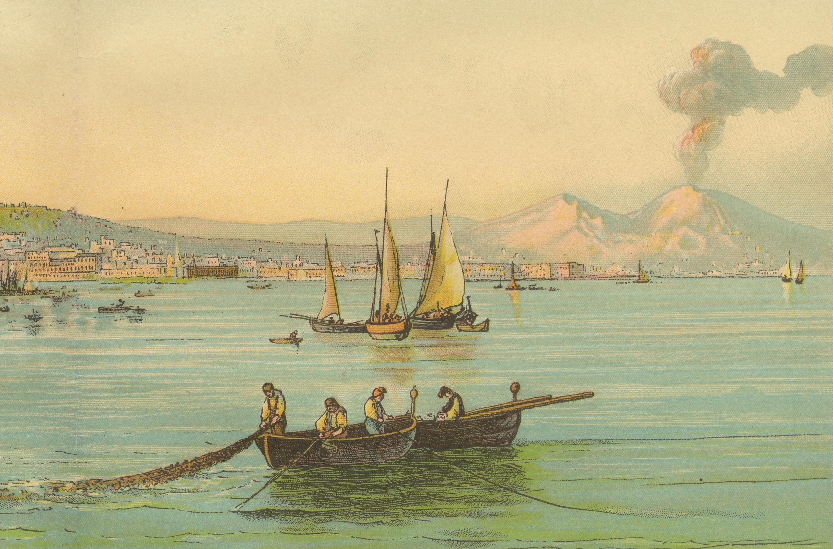 Antique Chromolithograph of Naples and Mount Vesuvius with Bay Scene, ca. 1890 In Good Condition For Sale In Langweer, NL