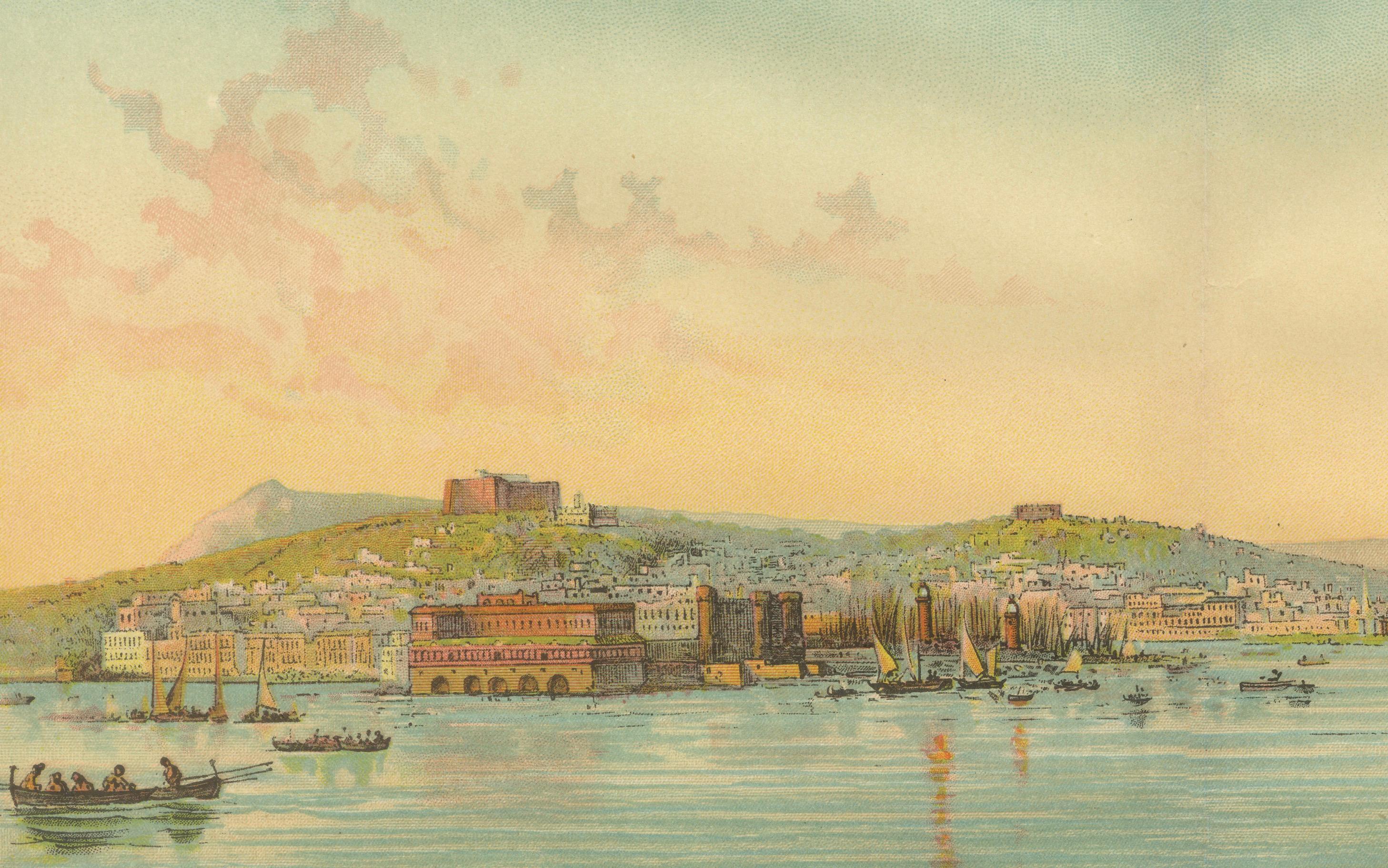 19th Century Antique Chromolithograph of Naples and Mount Vesuvius with Bay Scene, ca. 1890 For Sale