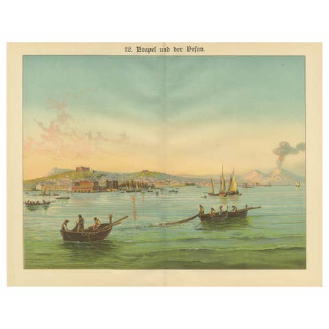 Antique Chromolithograph of Naples and Mount Vesuvius with Bay Scene, ca. 1890
