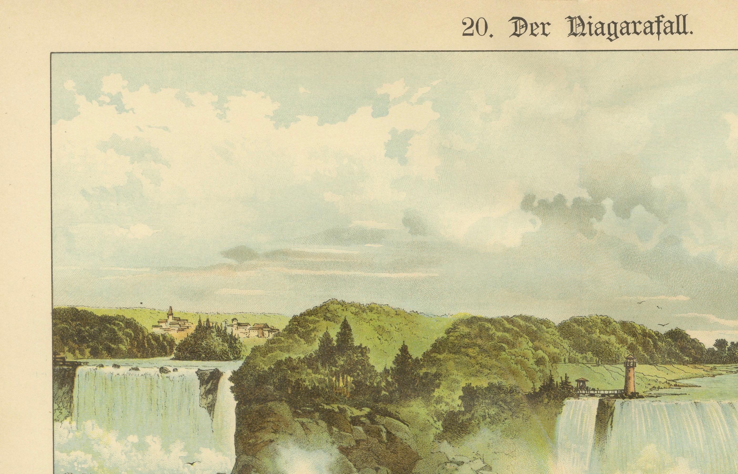 Antique Chromolithograph of Niagara Falls – Horseshoe and American Falls, ca. 1890

This powerful chromolithograph, titled “Der Niagarafall” (Niagara Falls), was printed around 1890 and presents a sweeping and detailed view of one of the world’s